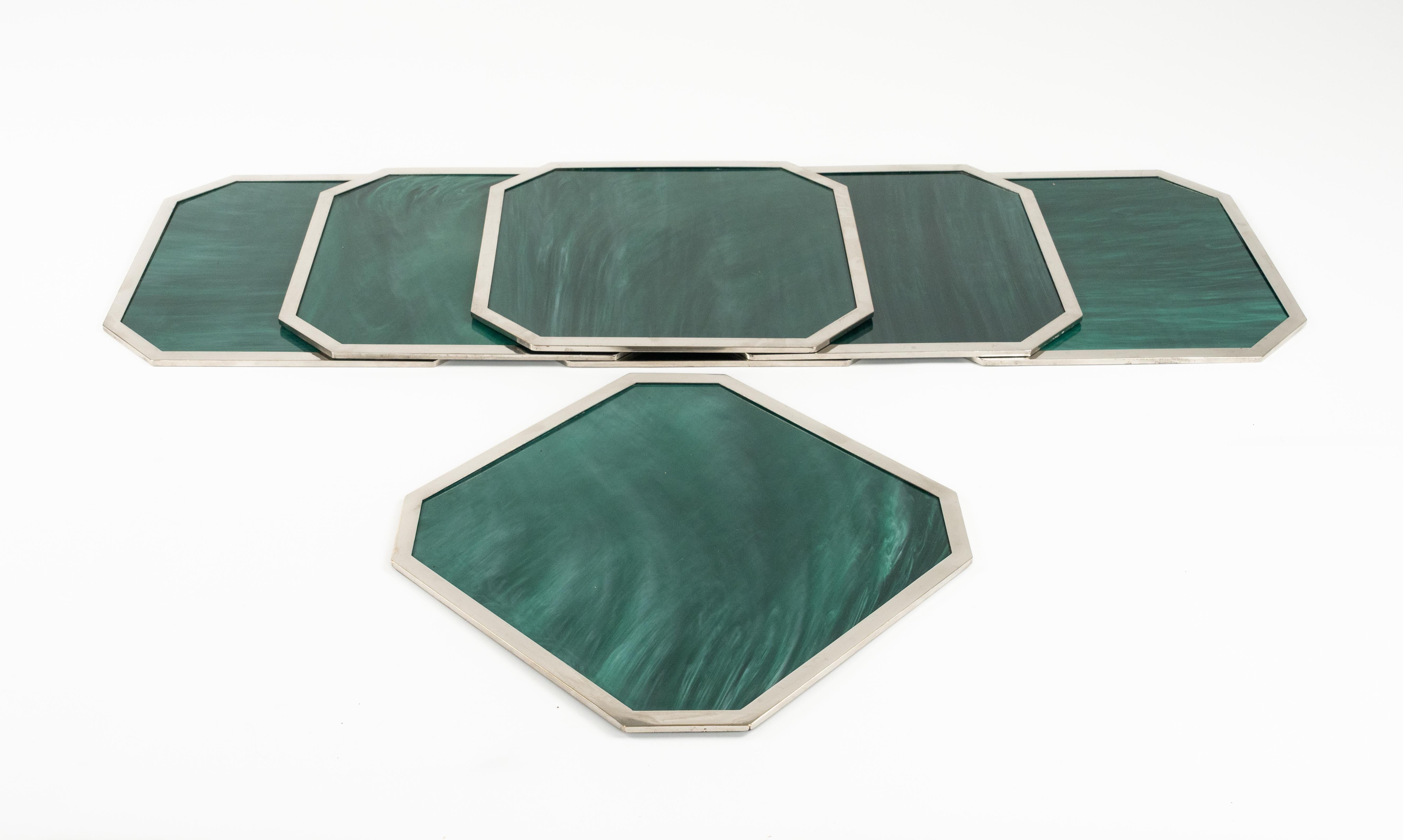 Metal Set of Seven Placemats Marble Effect Acrylic & Chrome by B B Genova, Italy 1970s For Sale