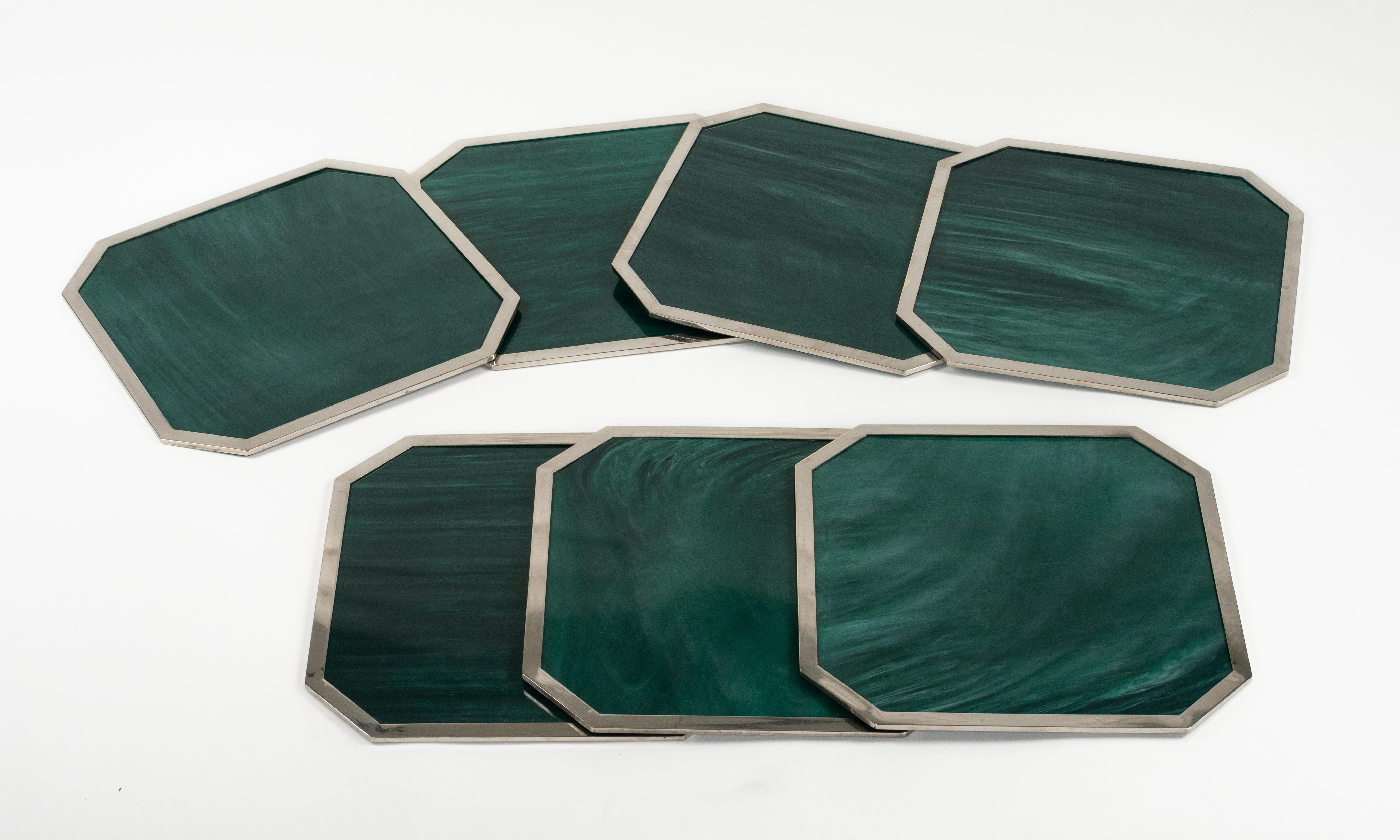 Set of Seven Placemats Marble Effect Acrylic & Chrome by B B Genova, Italy 1970s For Sale 1
