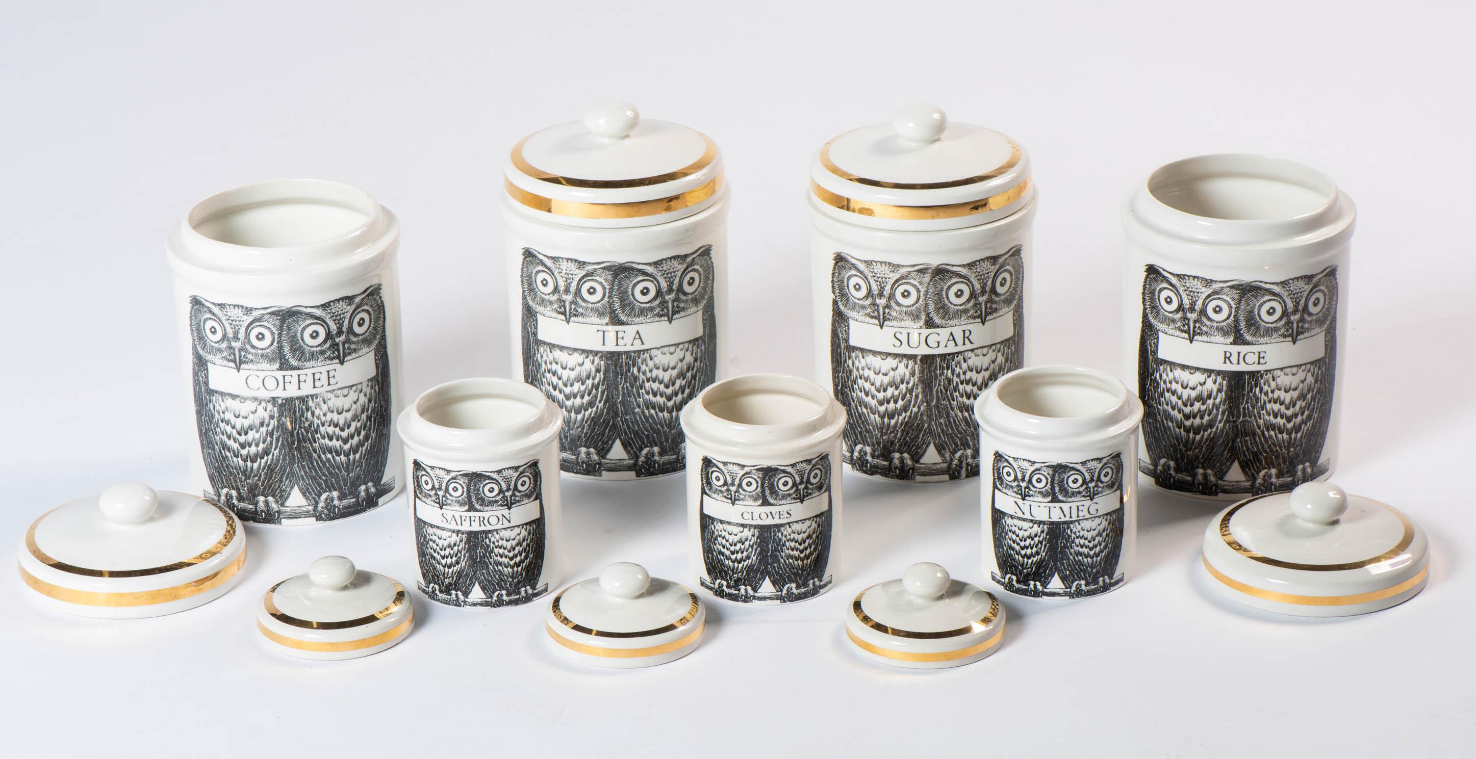 Italian Set of Seven Porcelain Jars by Piero Fornasetti, Italy, circa 1960