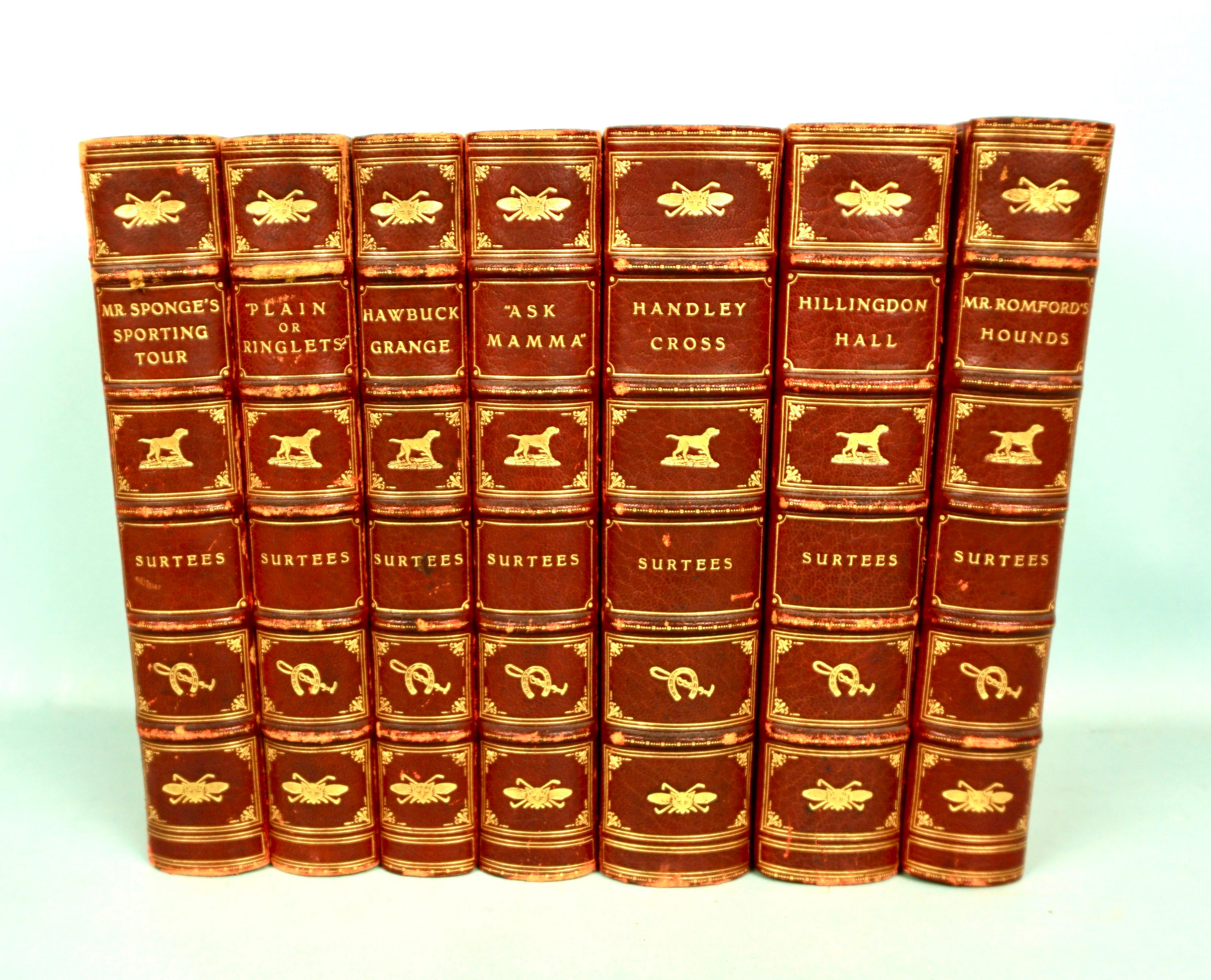 A lovely set of red morocco leather bound volumes by Robert Smith Surtees, a well-known English 19th century novelist and sporting writer born in 1805. Published by Bradbury, Agnew & Co., London. The set is beautifully bound and stamped by the