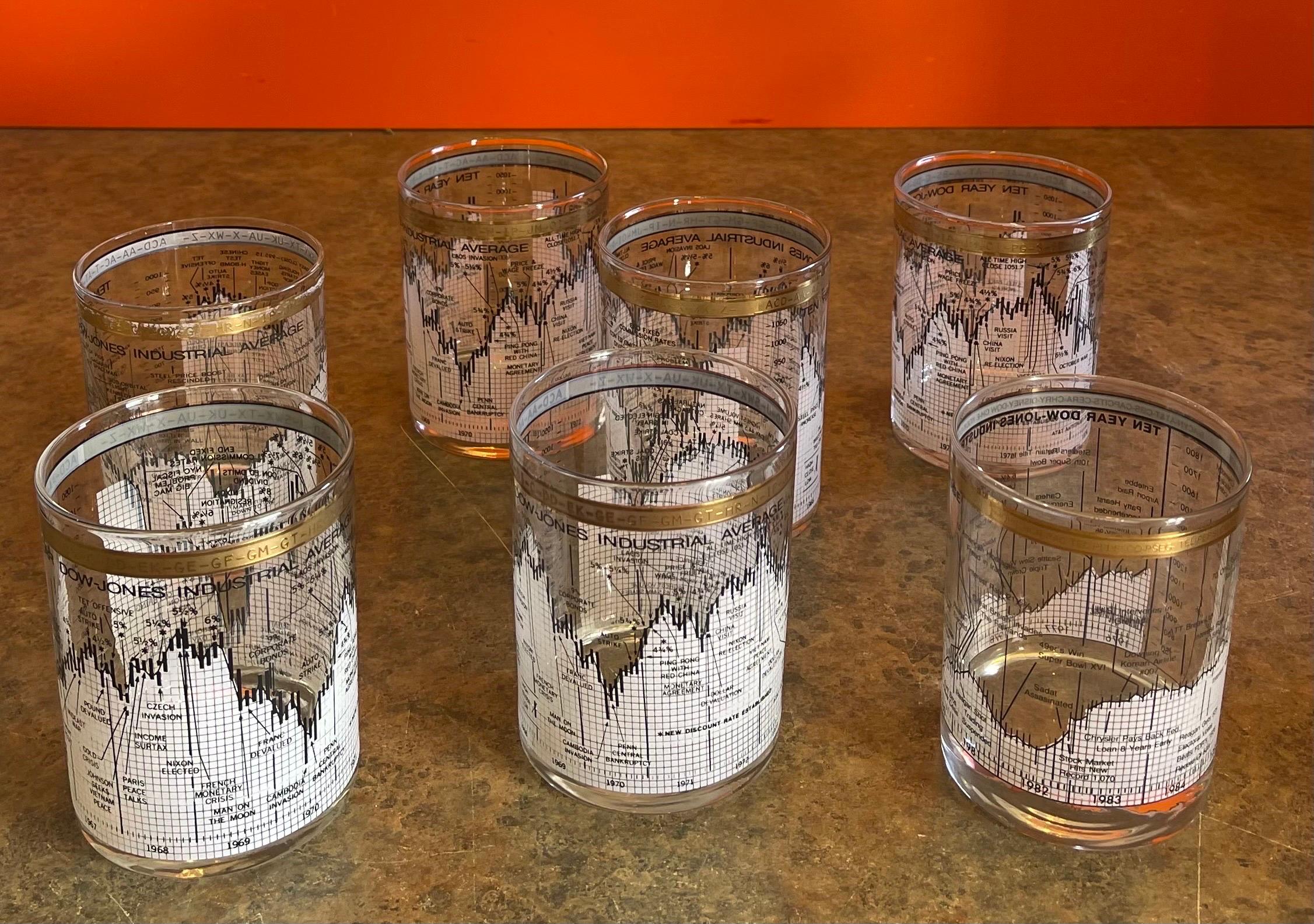 American Set of Seven Stock Market / Wall Street / Dow Jones / Cocktail Glasses by Cera For Sale
