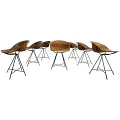 Set of Seven Stunning Architectural Italian 1950s Rattan Chairs