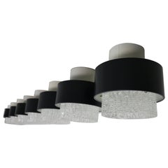 set of seven vintage 1960s Philips ceiling lamps, iced glass and metal