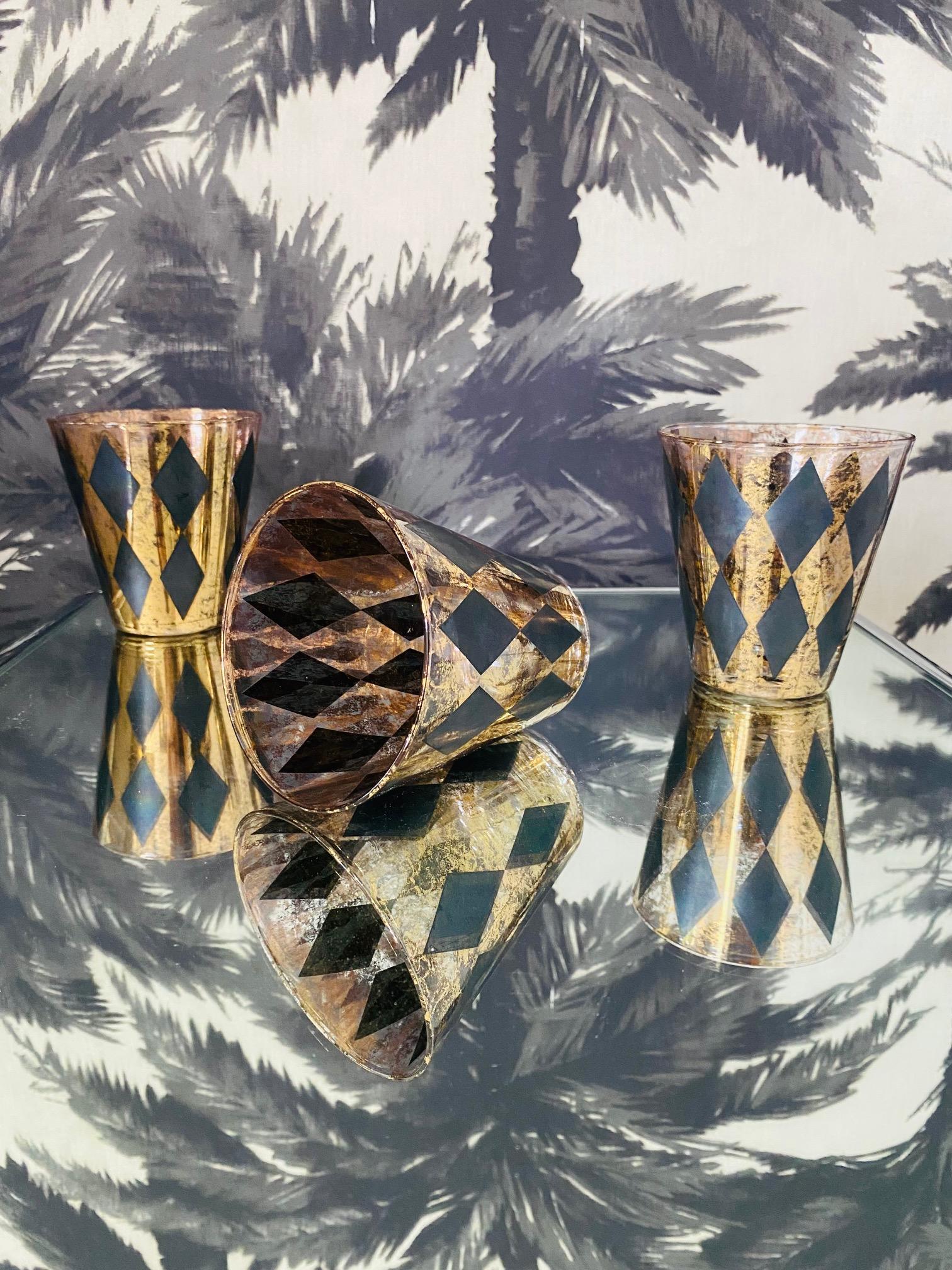 Vintage Barware Glasses with Harlequin Design in Black with Gold Leaf, c. 1960's 1