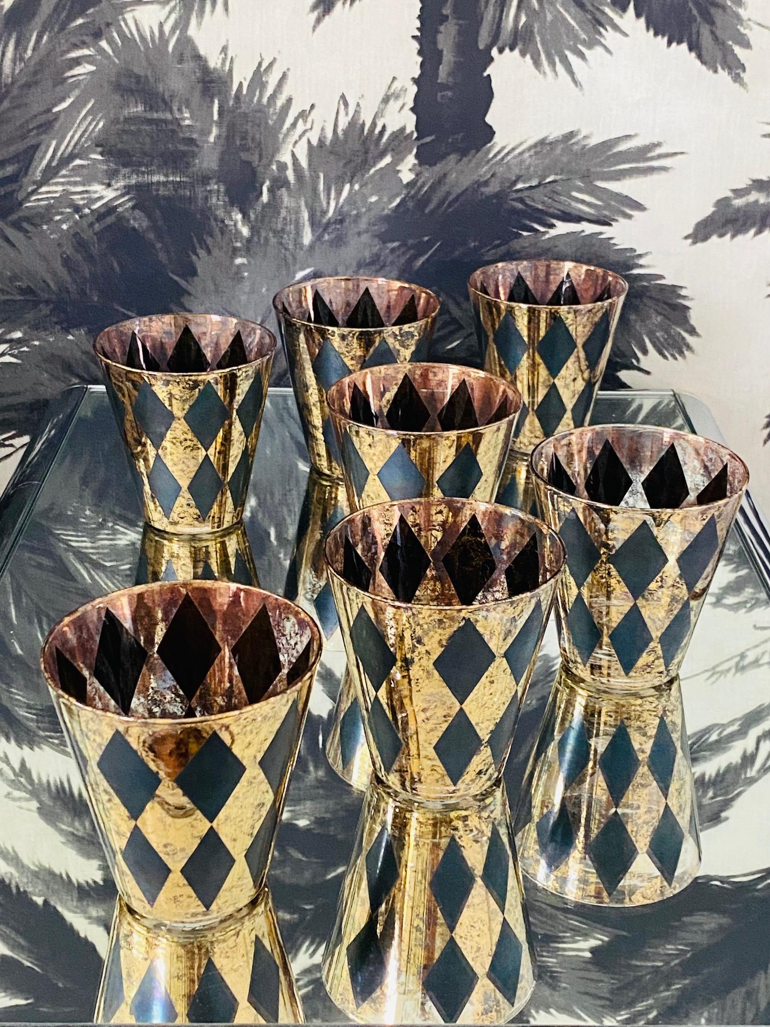 Vintage Barware Glasses with Harlequin Design in Black with Gold Leaf, c. 1960's 2