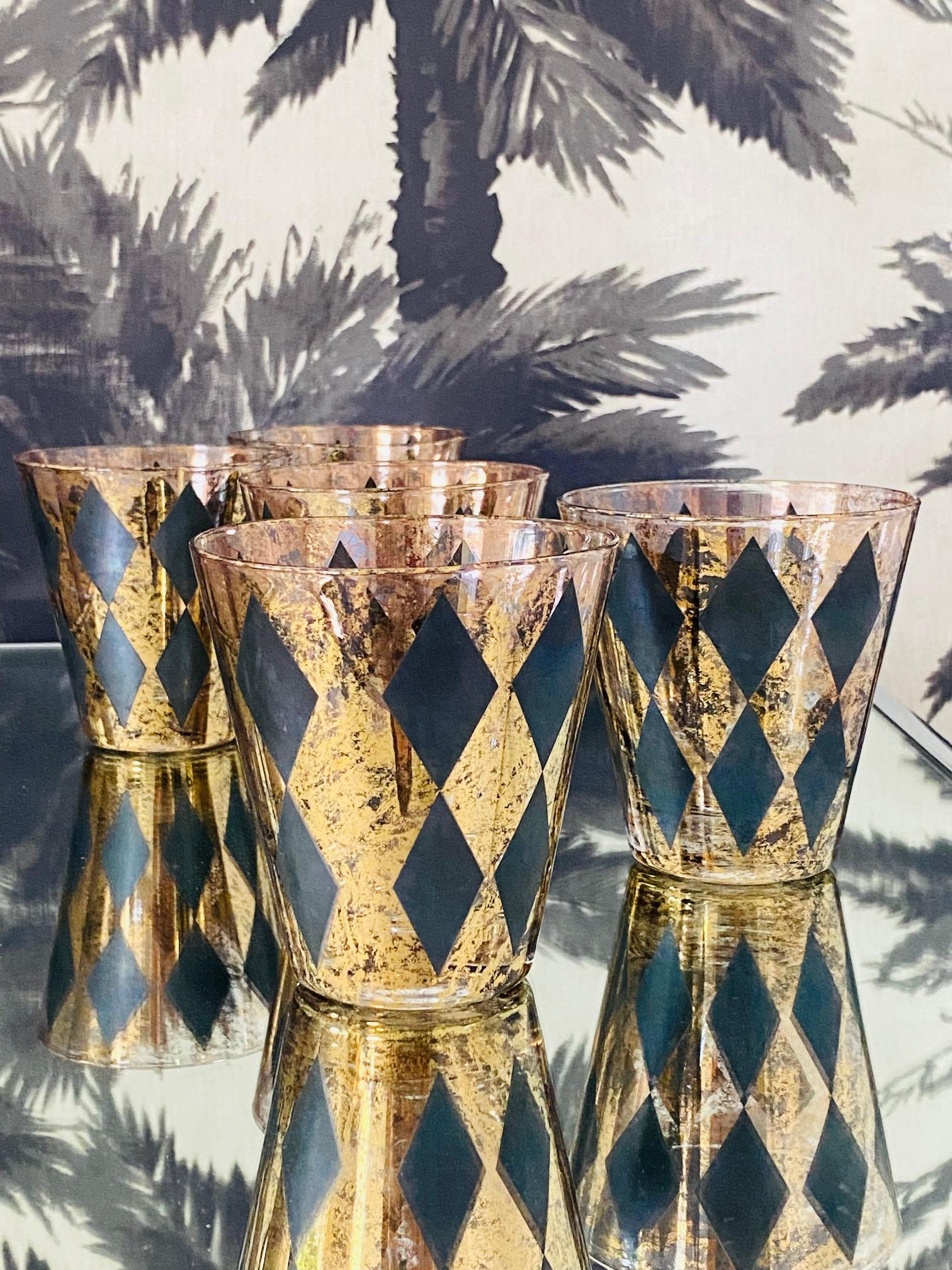 American Vintage Barware Glasses with Harlequin Design in Black with Gold Leaf, c. 1960's