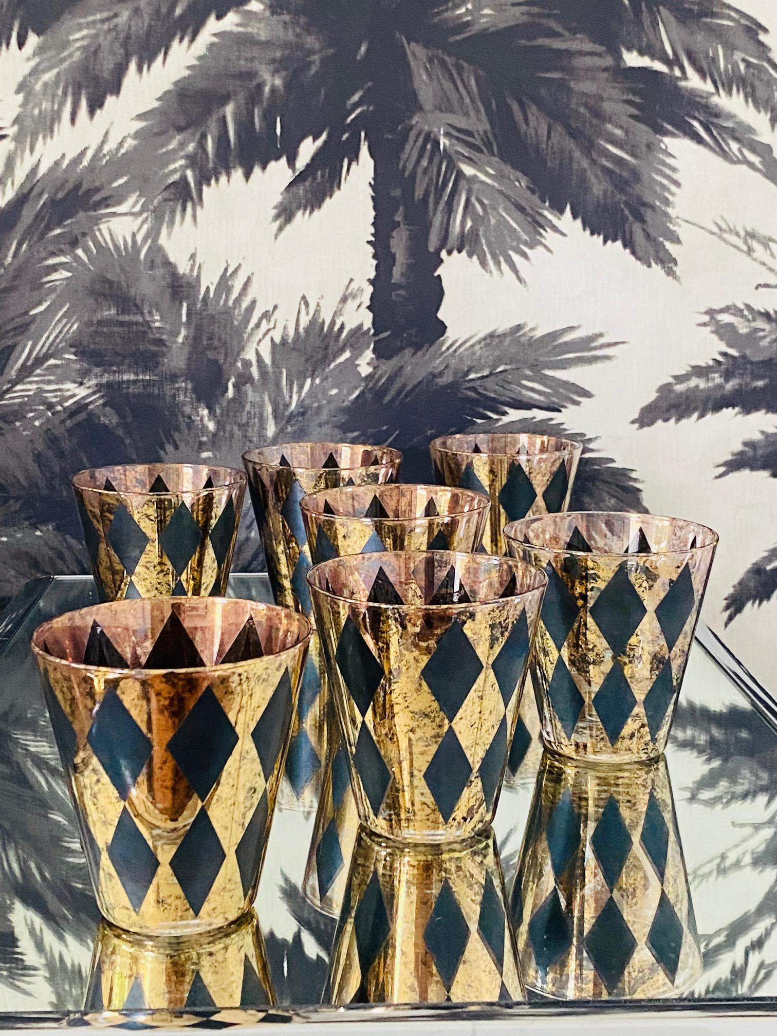 Hand-Crafted Vintage Barware Glasses with Harlequin Design in Black with Gold Leaf, c. 1960's