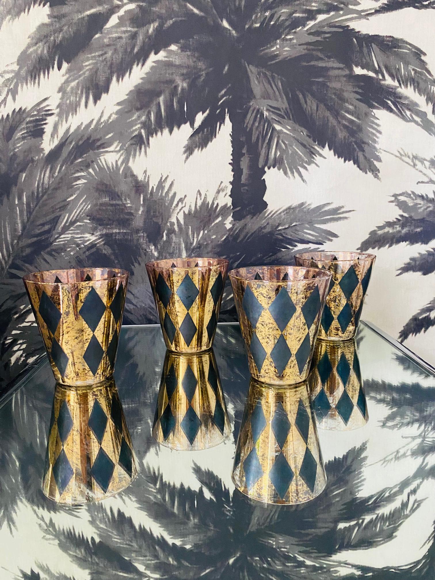 Vintage Barware Glasses with Harlequin Design in Black with Gold Leaf, c. 1960's In Good Condition In Fort Lauderdale, FL