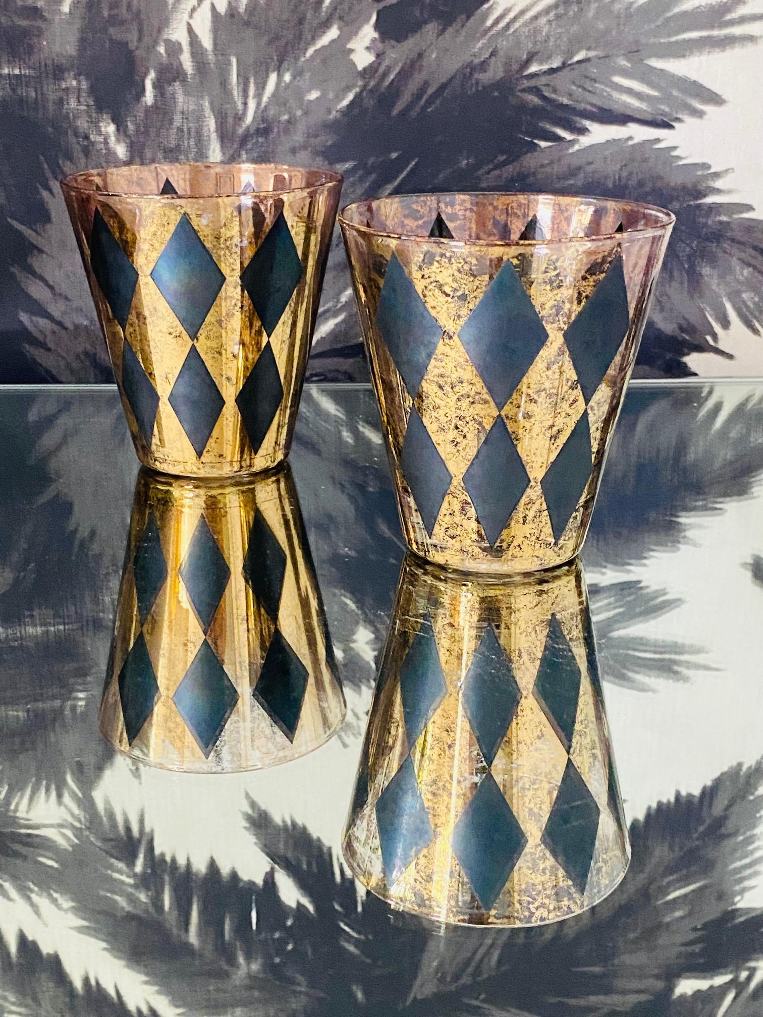 Mid-20th Century Vintage Barware Glasses with Harlequin Design in Black with Gold Leaf, c. 1960's