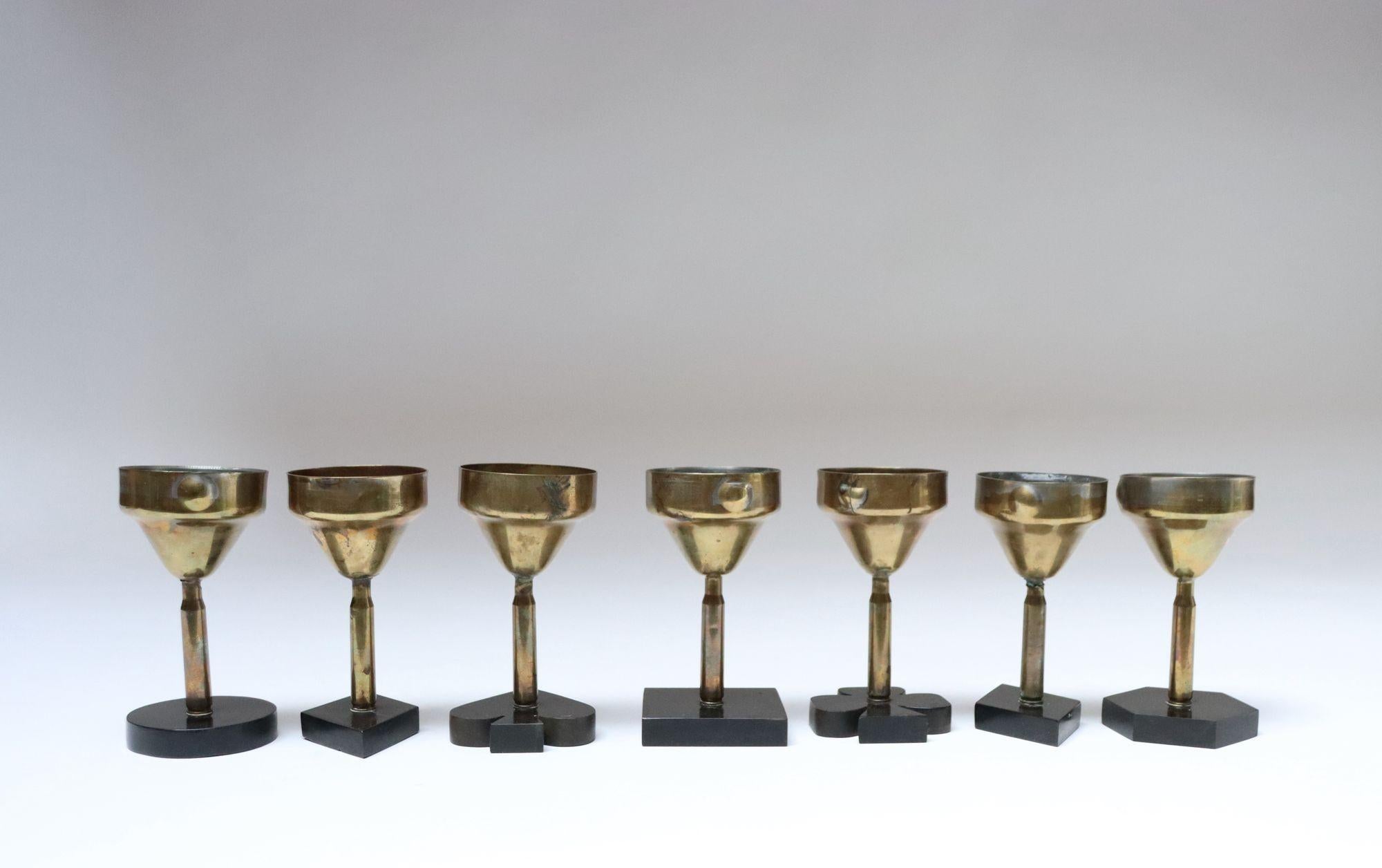 American Set of Seven Vintage Trench Art Brass Goblets with Bakelite Card Suit Bases For Sale