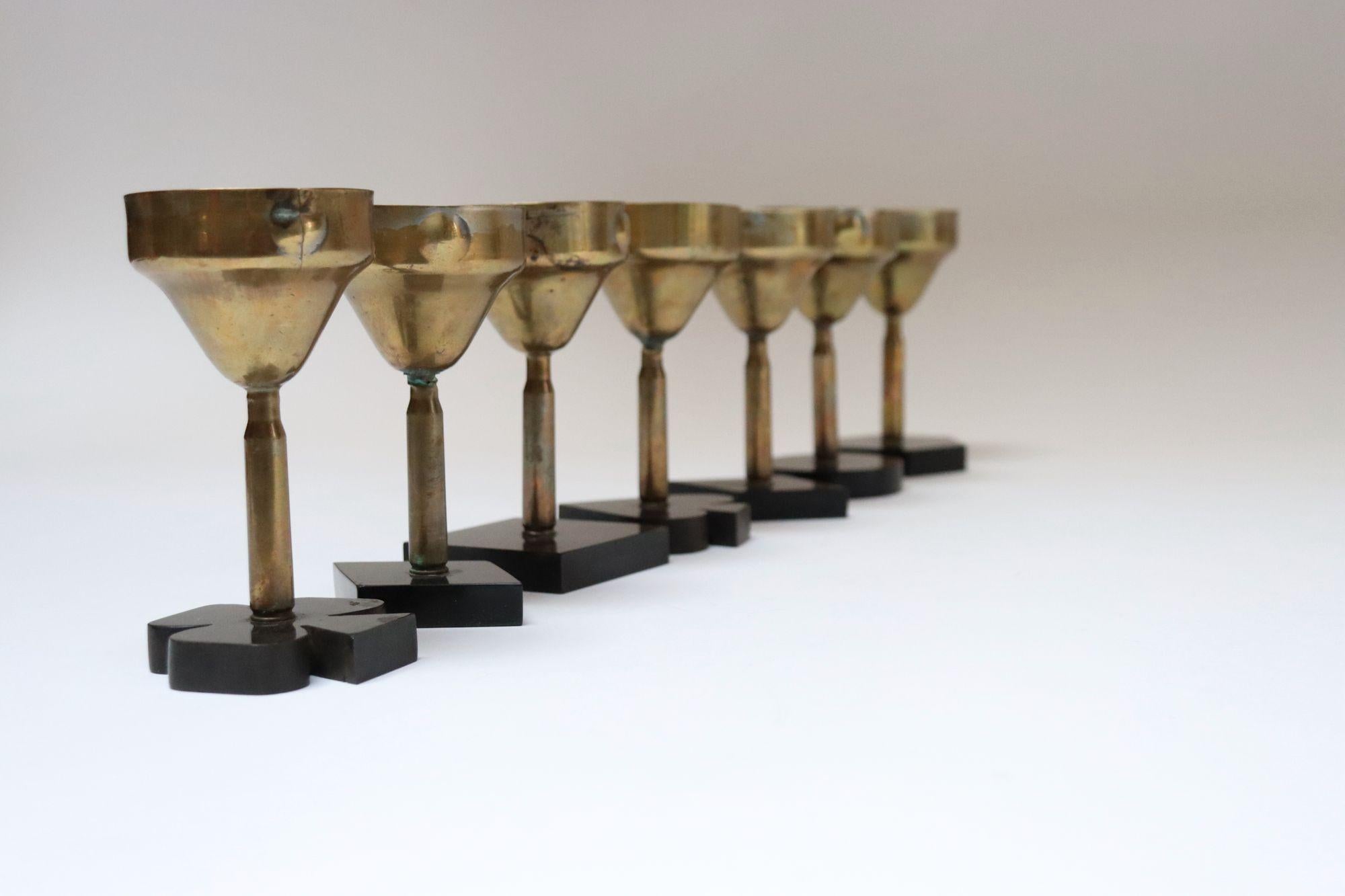 Mid-20th Century Set of Seven Vintage Trench Art Brass Goblets with Bakelite Card Suit Bases For Sale