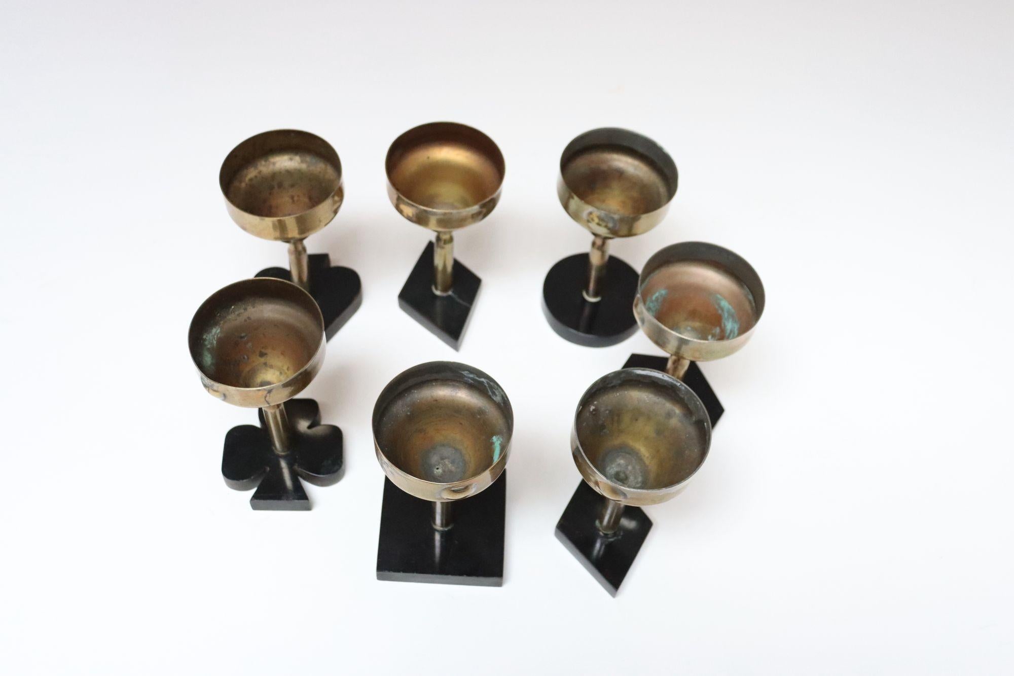 Set of Seven Vintage Trench Art Brass Goblets with Bakelite Card Suit Bases For Sale 1