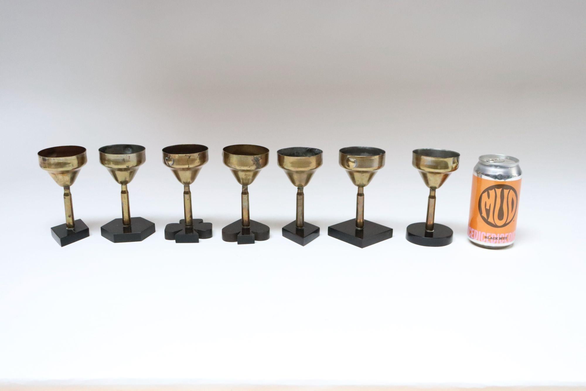Set of Seven Vintage Trench Art Brass Goblets with Bakelite Card Suit Bases For Sale 2