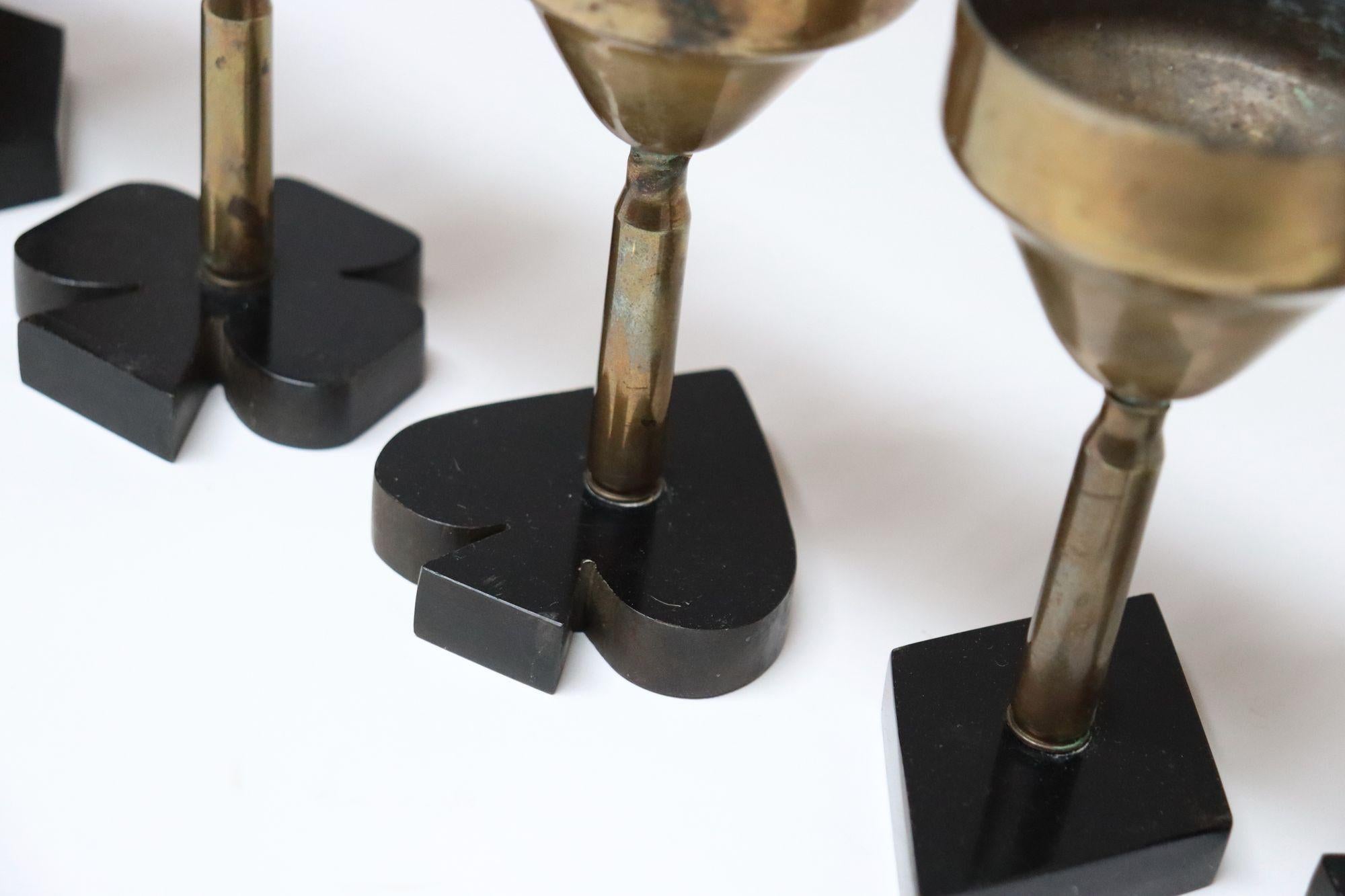Set of Seven Vintage Trench Art Brass Goblets with Bakelite Card Suit Bases For Sale 3