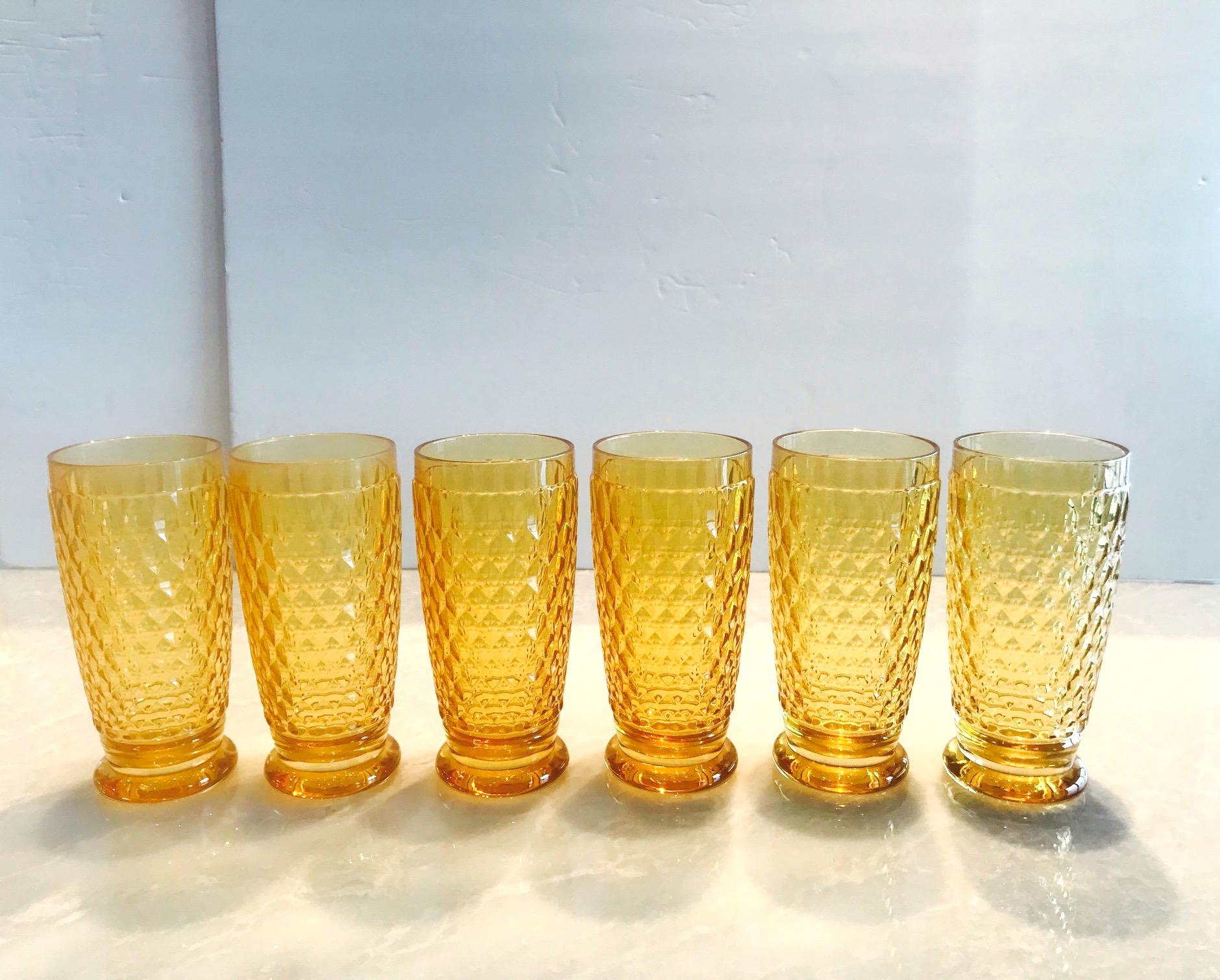 Contemporary Set of Seven Vintage Villeroy & Boch Crystal Highball Glasses in Amber