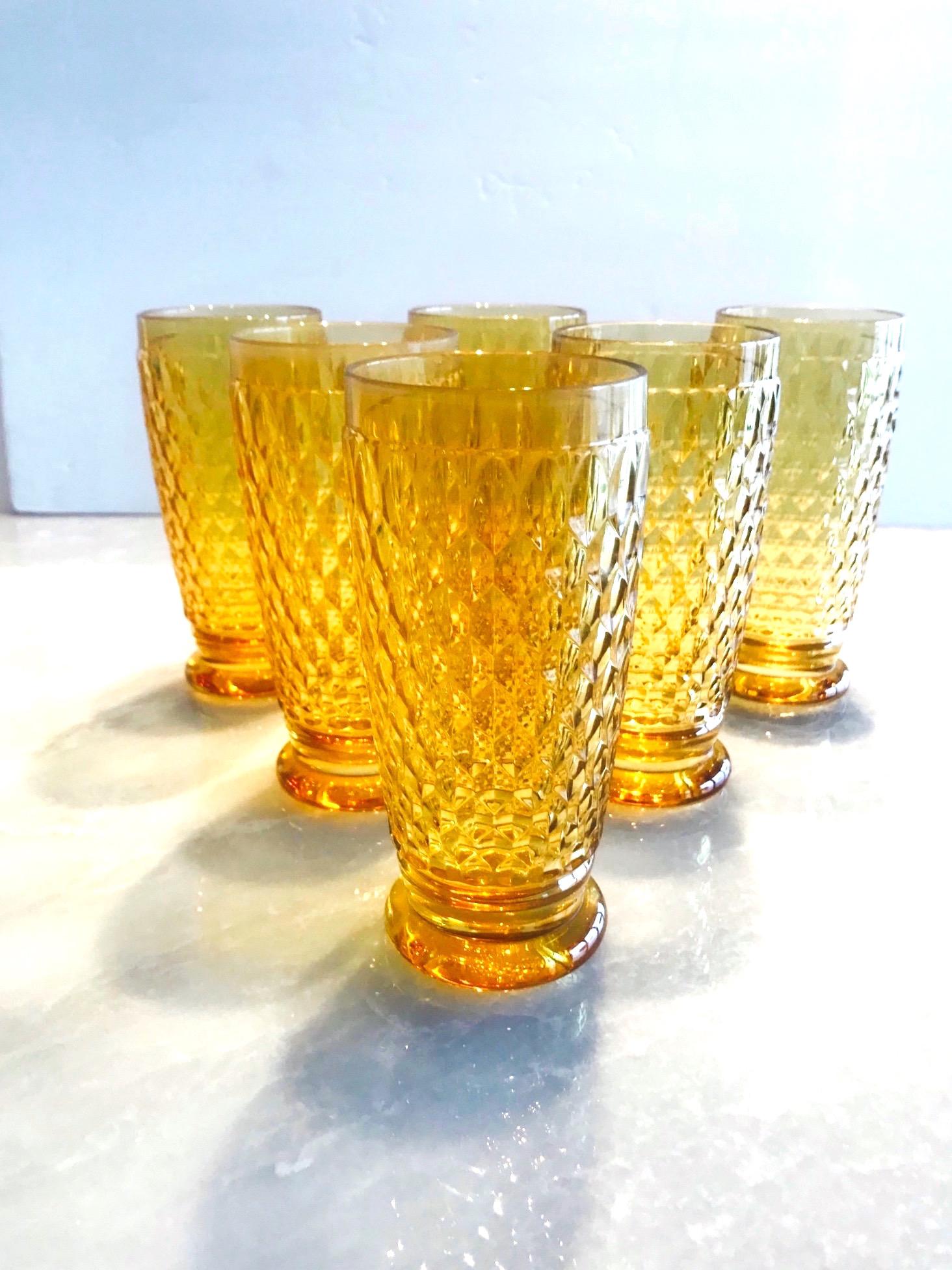 Hand-Crafted Set of Seven Vintage Villeroy & Boch Crystal Highball Glasses in Amber