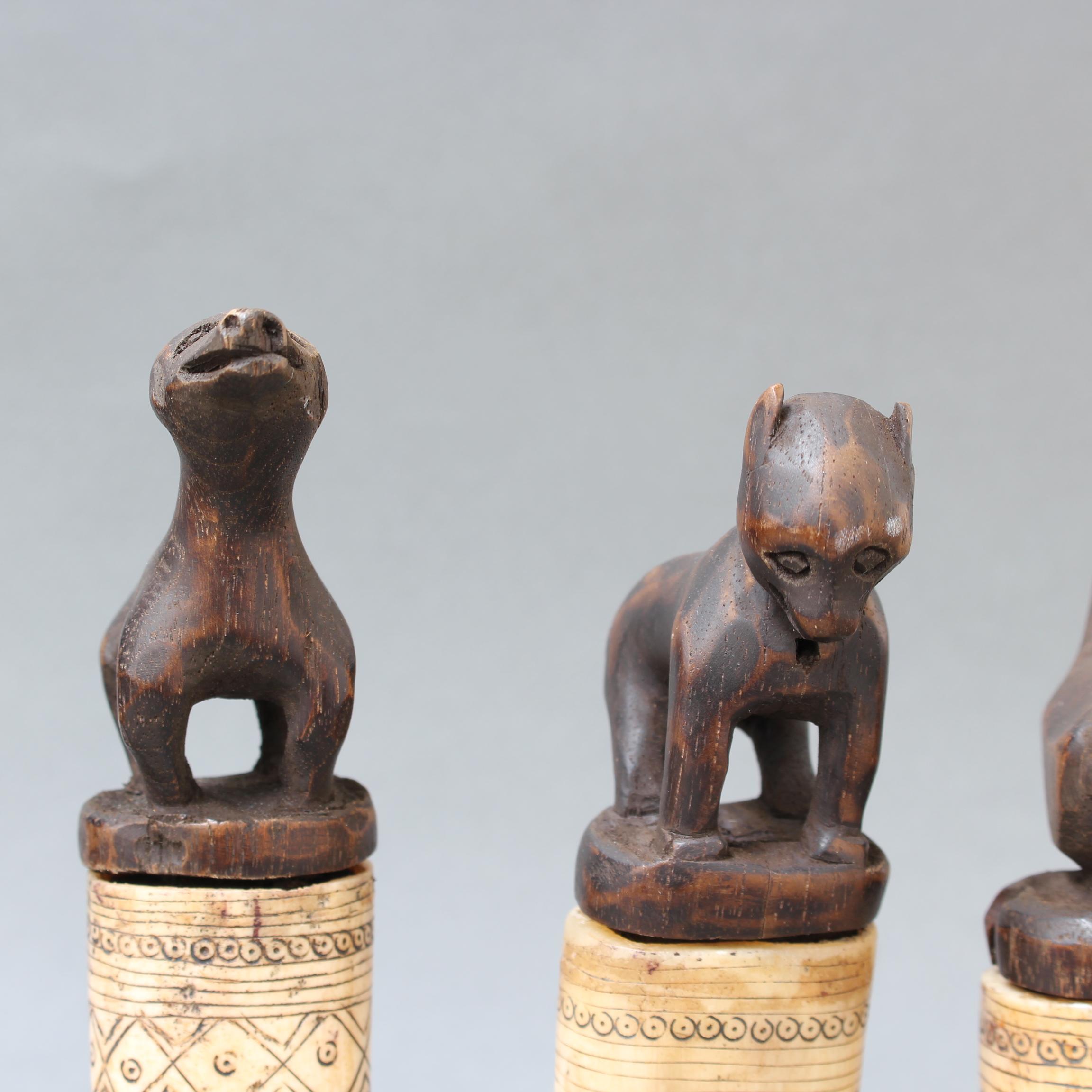 Set of Seven Wood and Bone Lime Powder Holders for Betel Nut from W. Timor 2
