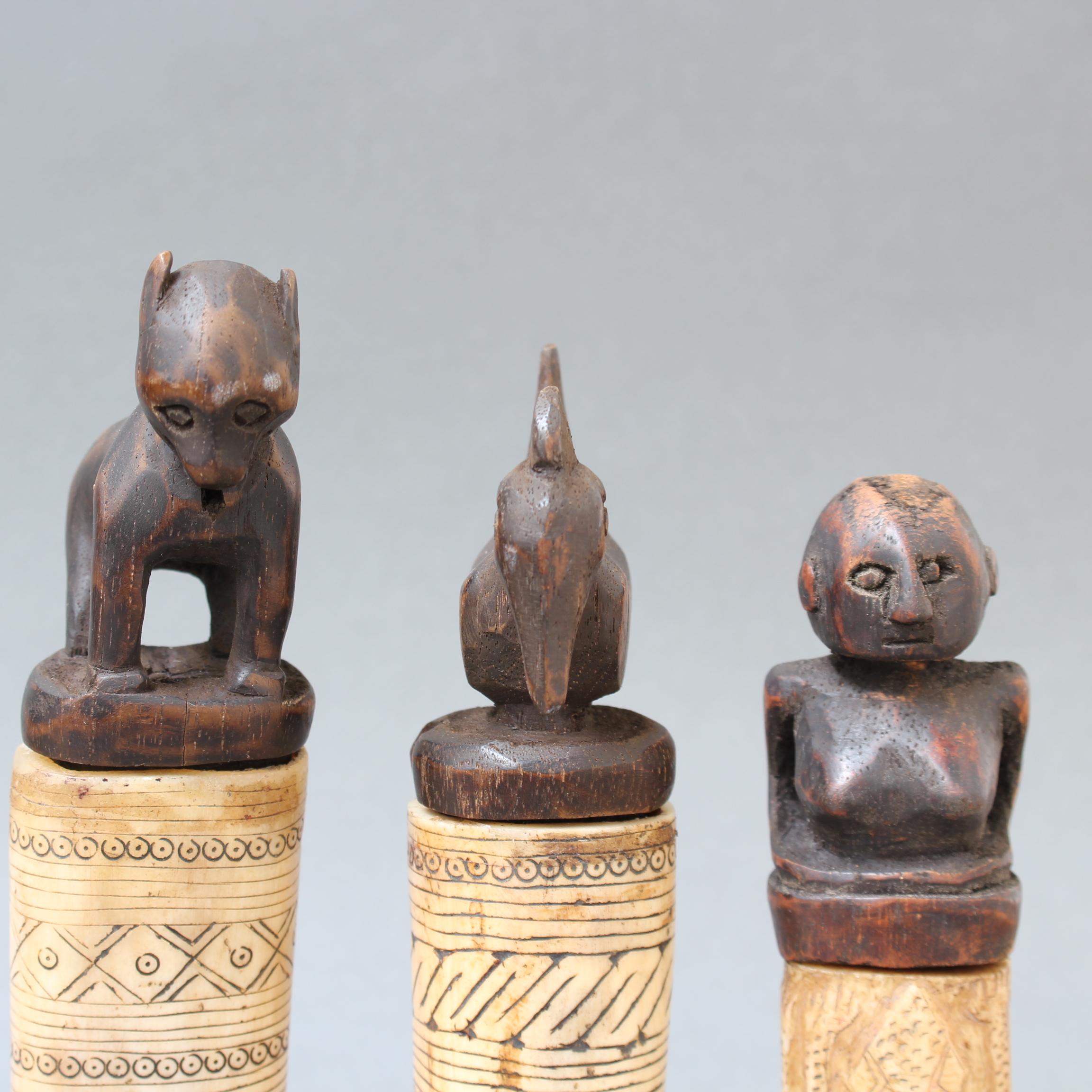 Set of Seven Wood and Bone Lime Powder Holders for Betel Nut from W. Timor 3