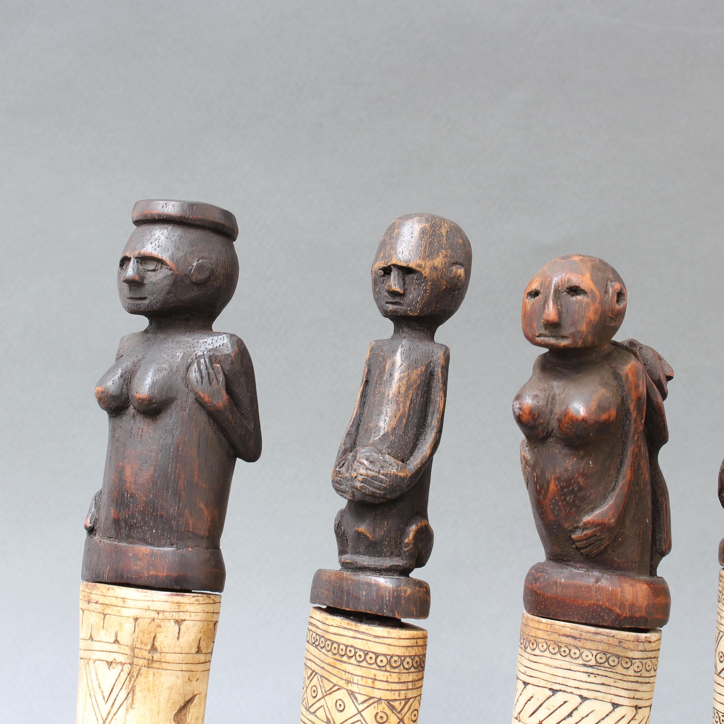 Set of Seven Wood and Bone Lime Powder Holders for Betel Nut from W. Timor 4