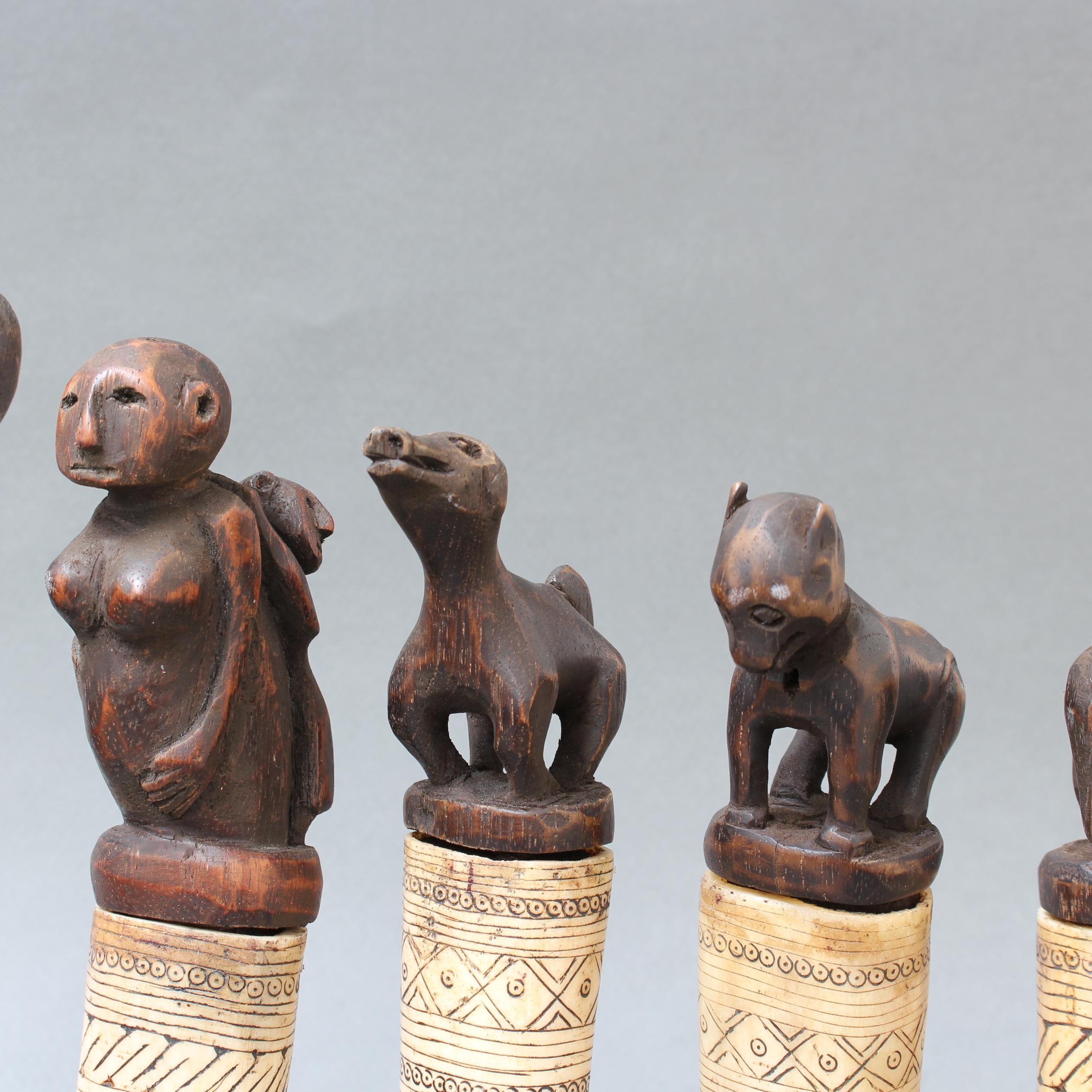Set of Seven Wood and Bone Lime Powder Holders for Betel Nut from W. Timor 5