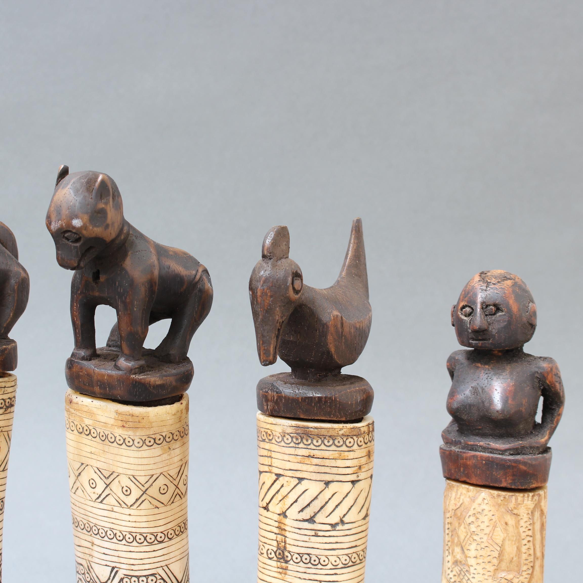Set of Seven Wood and Bone Lime Powder Holders for Betel Nut from W. Timor 6