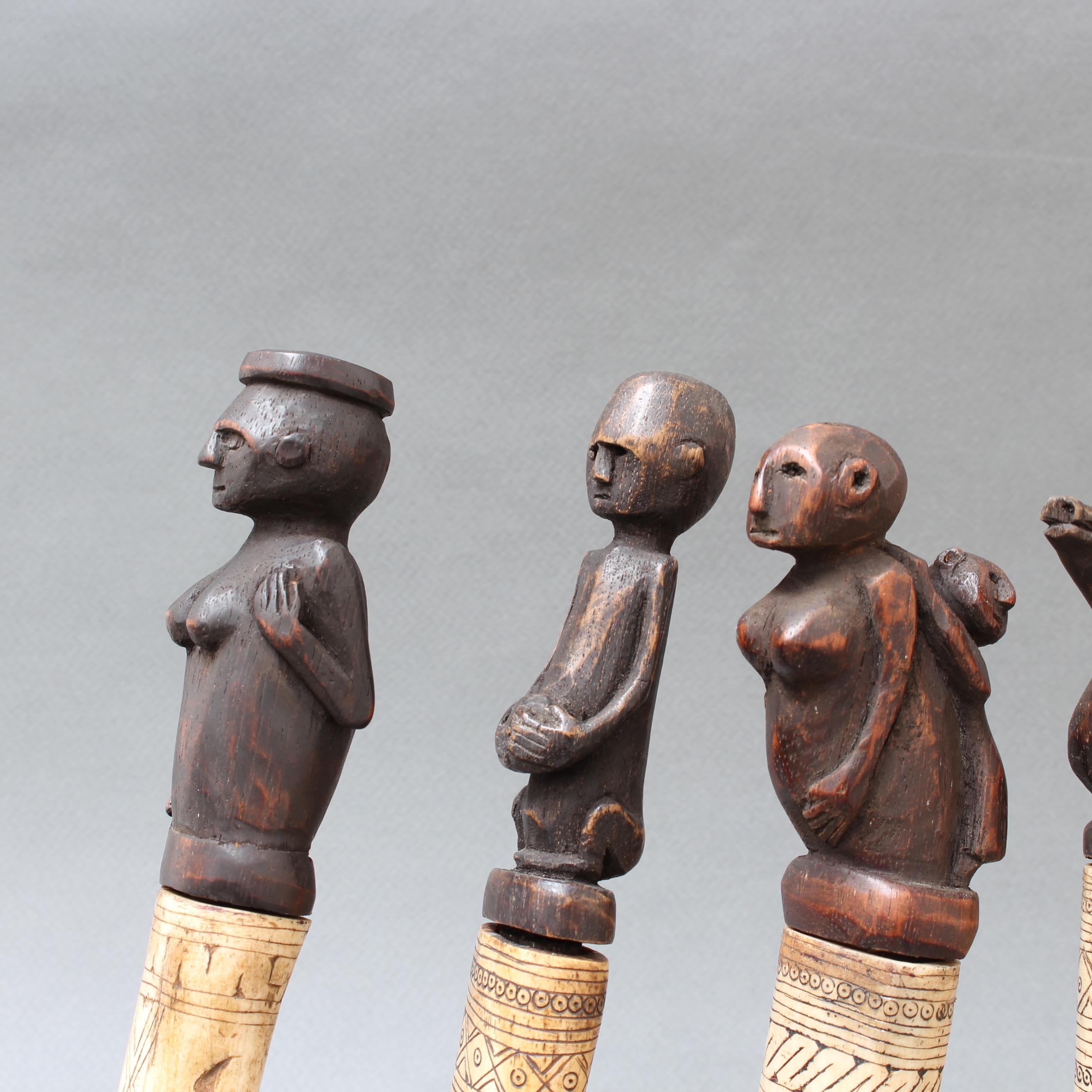 Set of Seven Wood and Bone Lime Powder Holders for Betel Nut from W. Timor 7