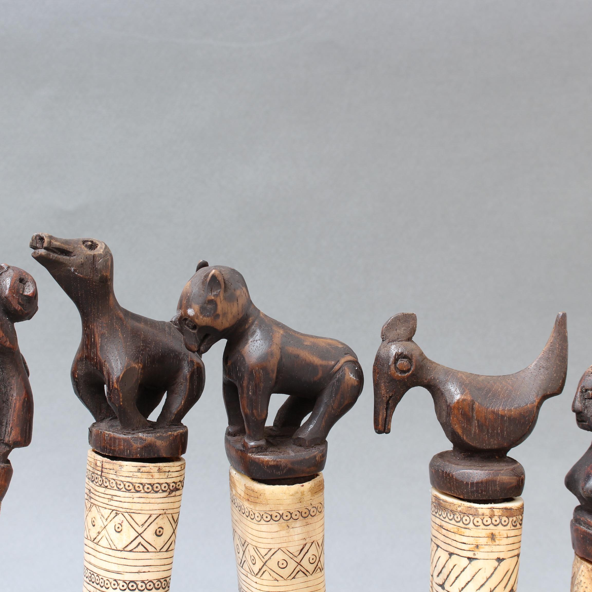 Set of Seven Wood and Bone Lime Powder Holders for Betel Nut from W. Timor 8