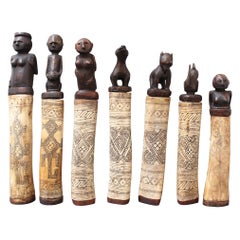 Set of Seven Wood and Bone Lime Powder Holders for Betel Nut from W. Timor 