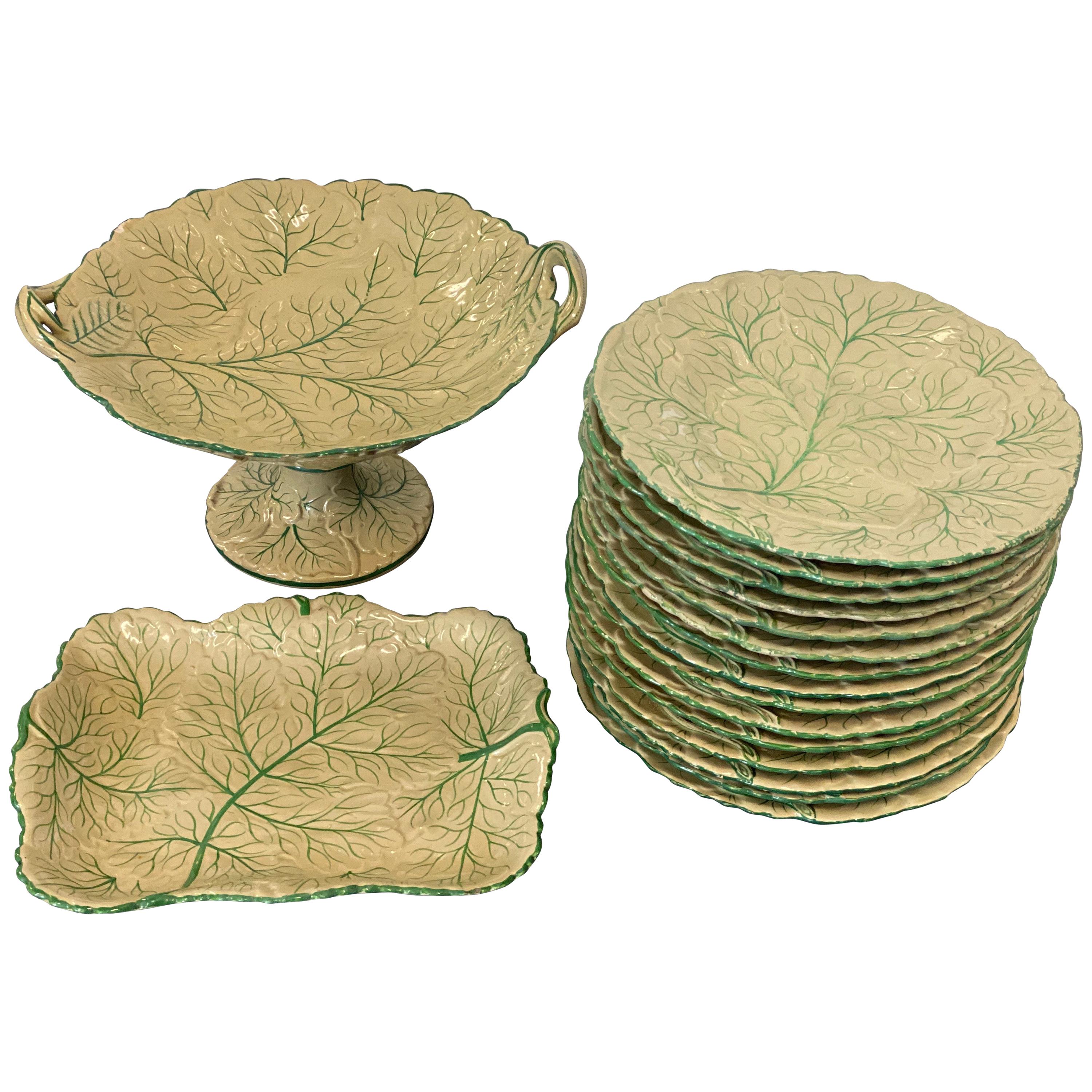 Set of Seventeen Leaf Porcelain Dessert Plates, Pedestal Bowl and