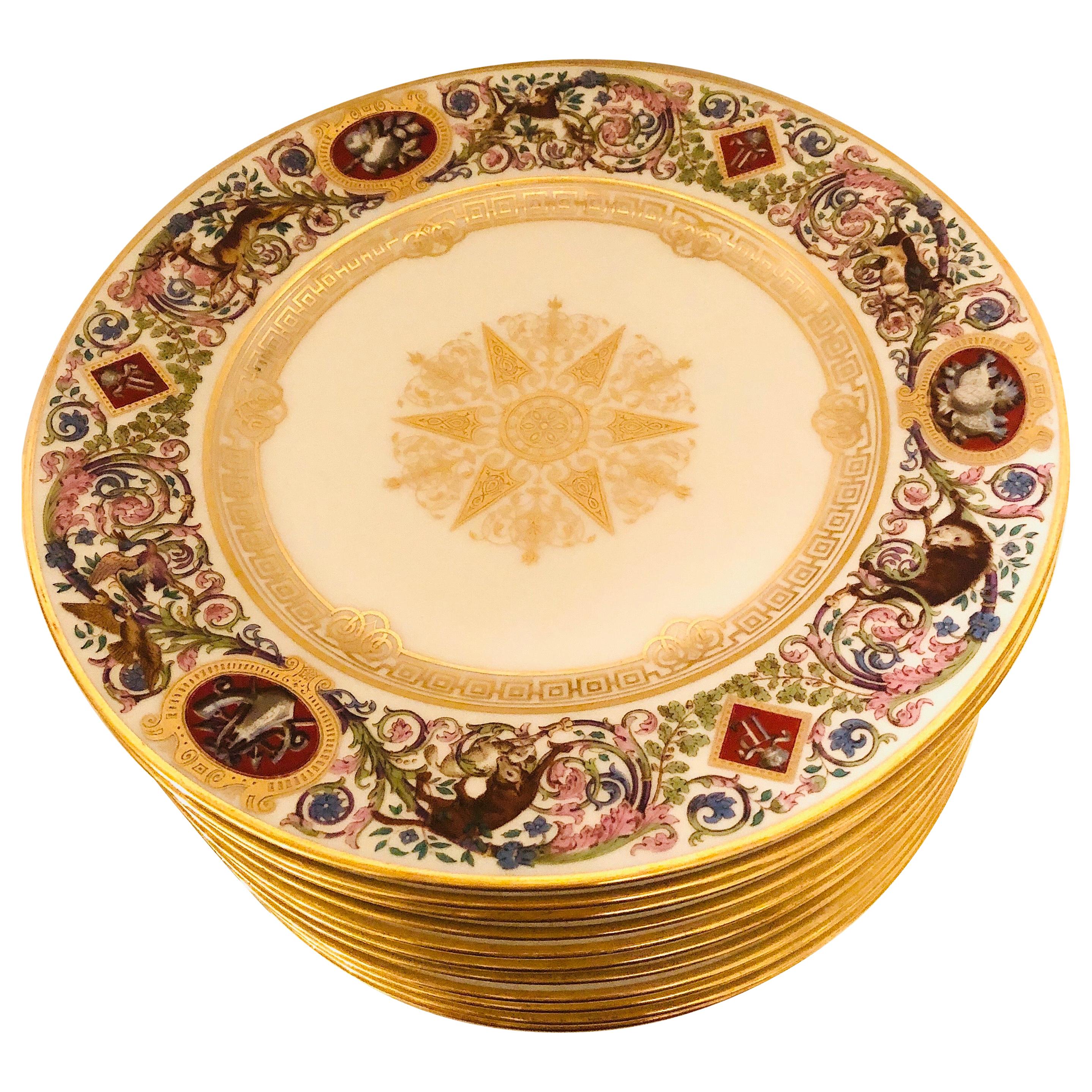 Set of Sevres Louis-Philippe Hunt Plates Made for the Chateau de Fontainebleau