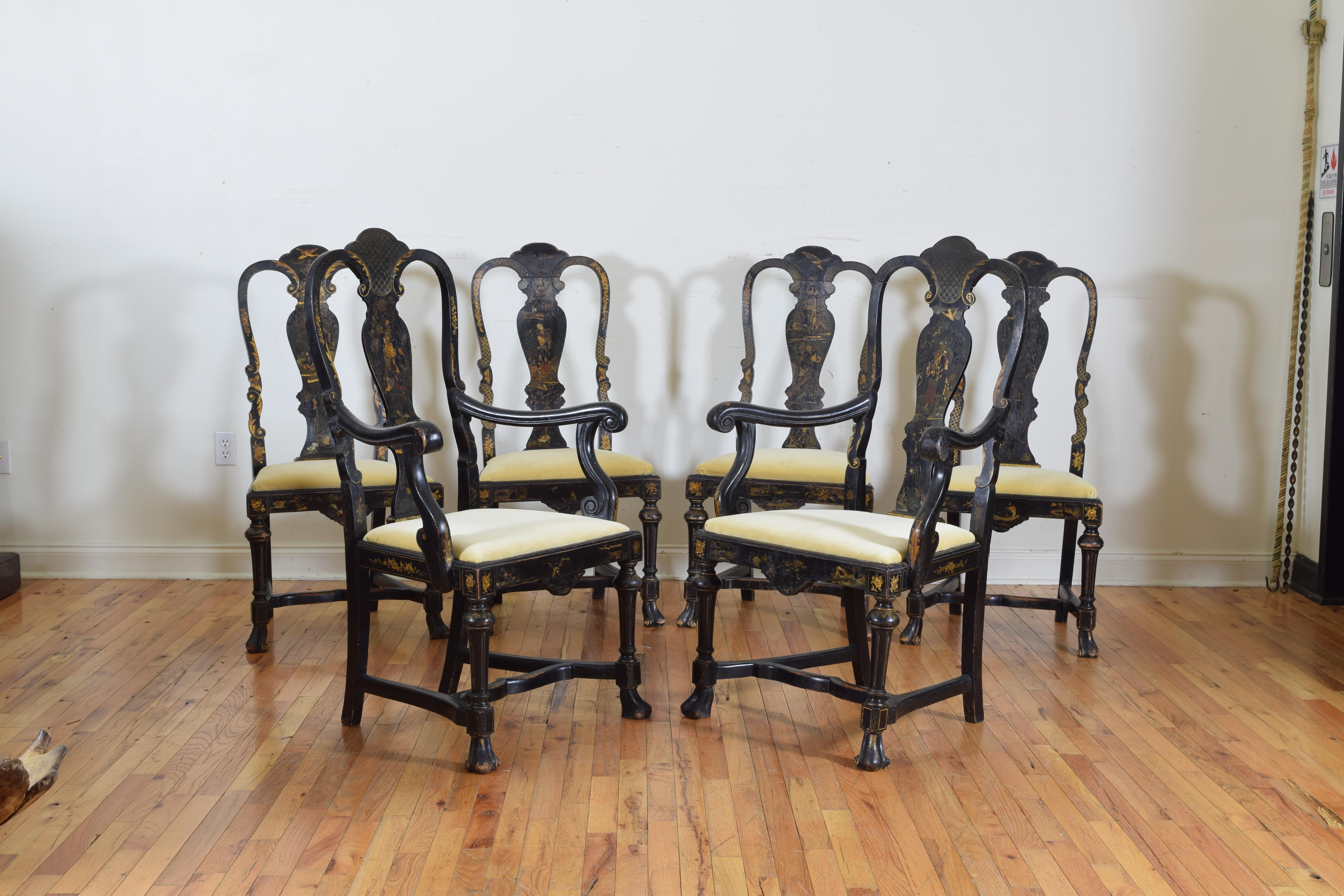 the set consisting of two armchairs and four side chairs, generous drop in seats upholstered in velvet, the chair frames painted in chinoiserie manner, with rolled drake feet, turn of 20th century.