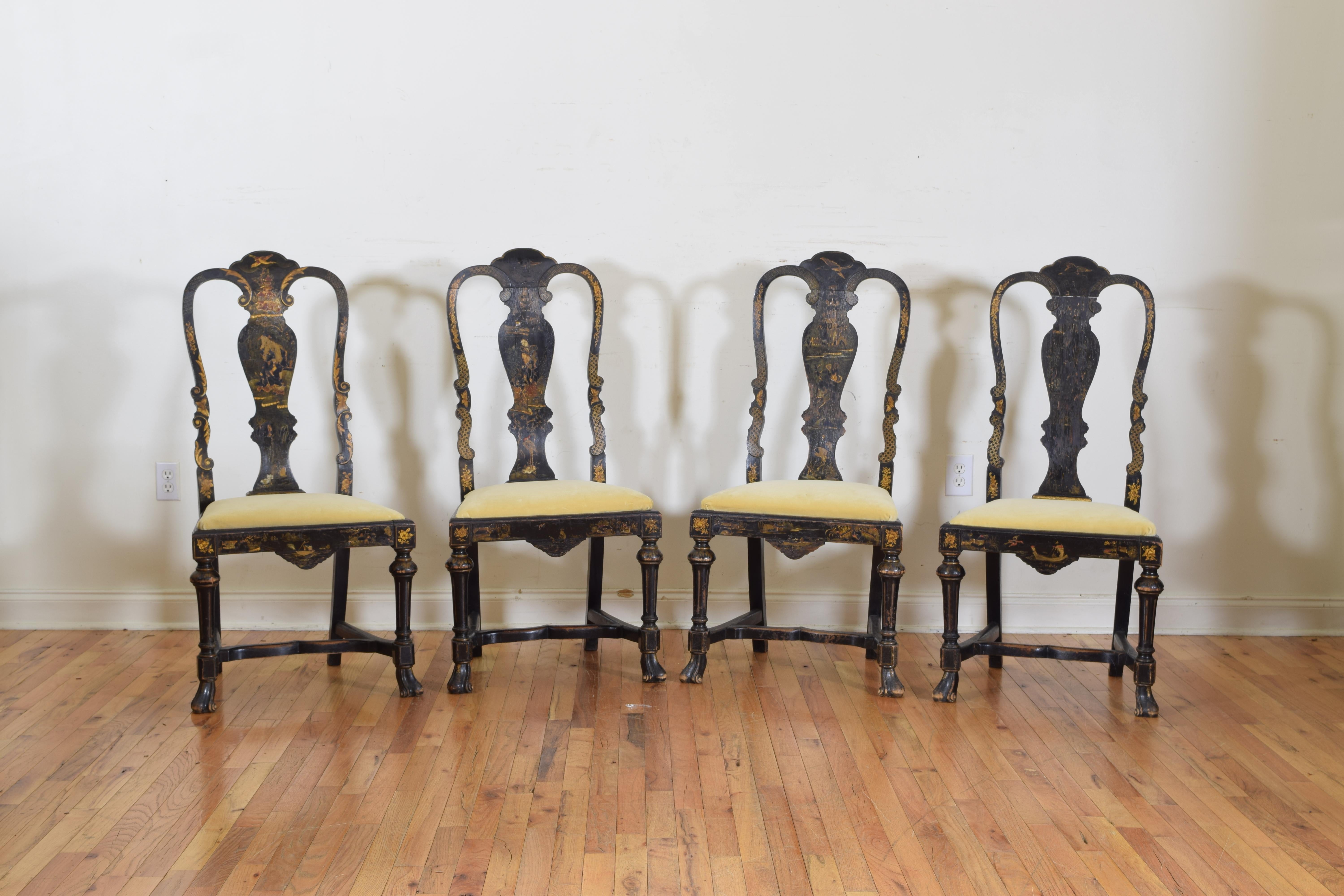 English Set of Sic Queen Anne Style Chinoiserie Painted Dining Chairs, 20th Century