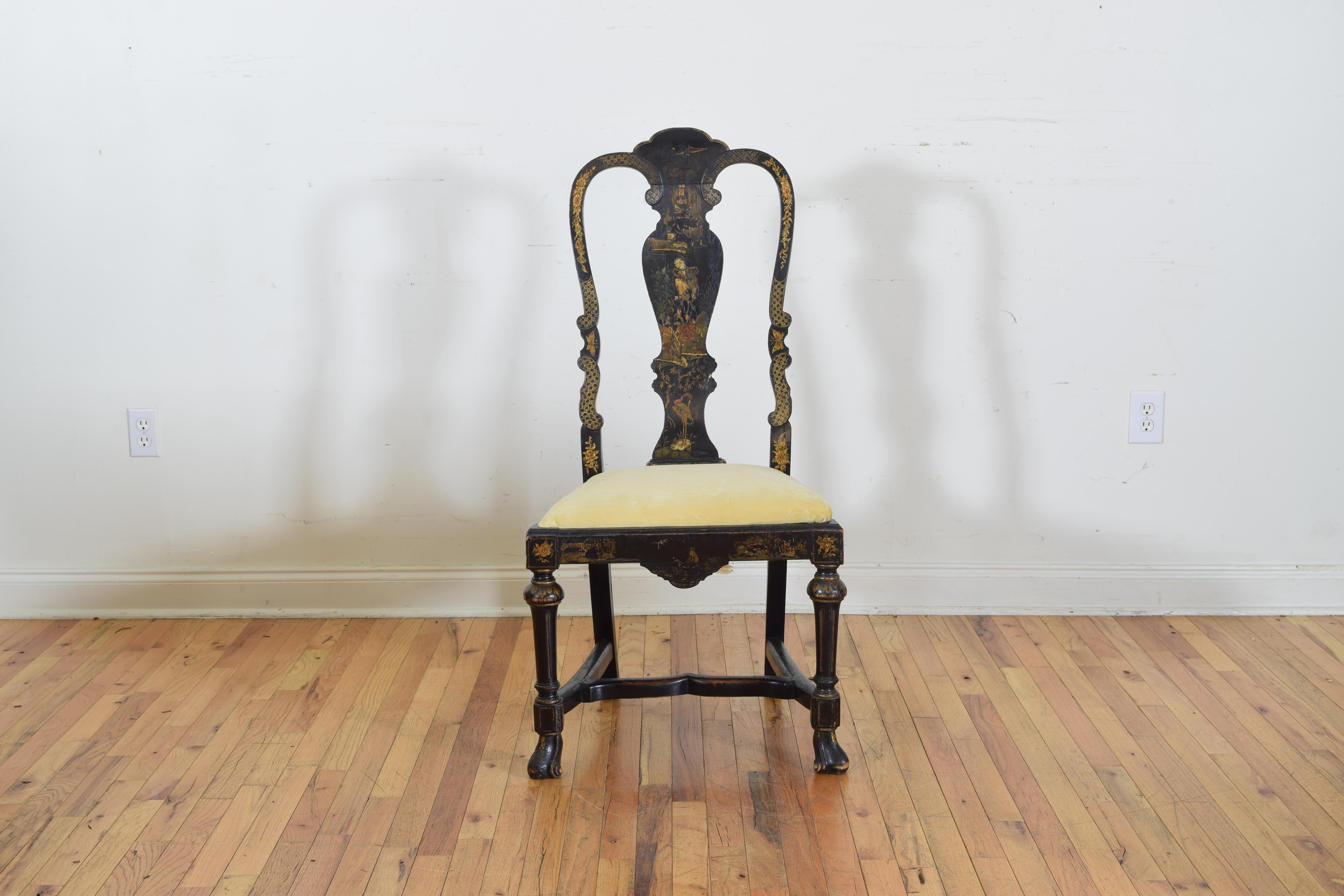 Wood Set of Sic Queen Anne Style Chinoiserie Painted Dining Chairs, 20th Century