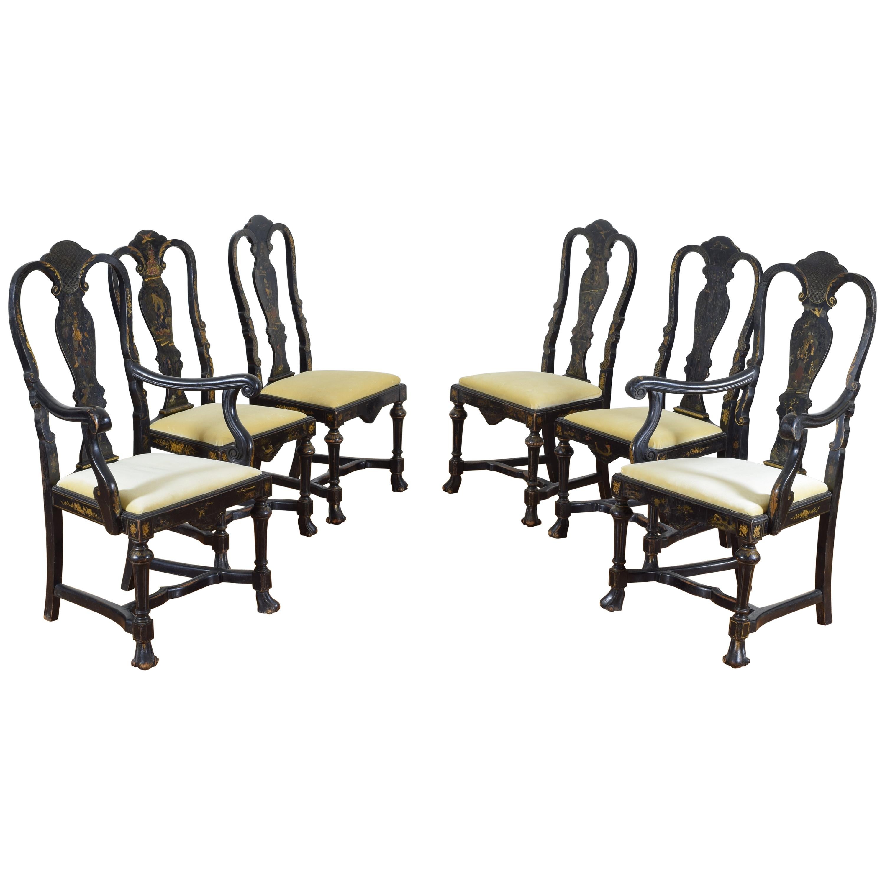 Set of Sic Queen Anne Style Chinoiserie Painted Dining Chairs, 20th Century