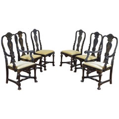 Antique Set of Sic Queen Anne Style Chinoiserie Painted Dining Chairs, 20th Century