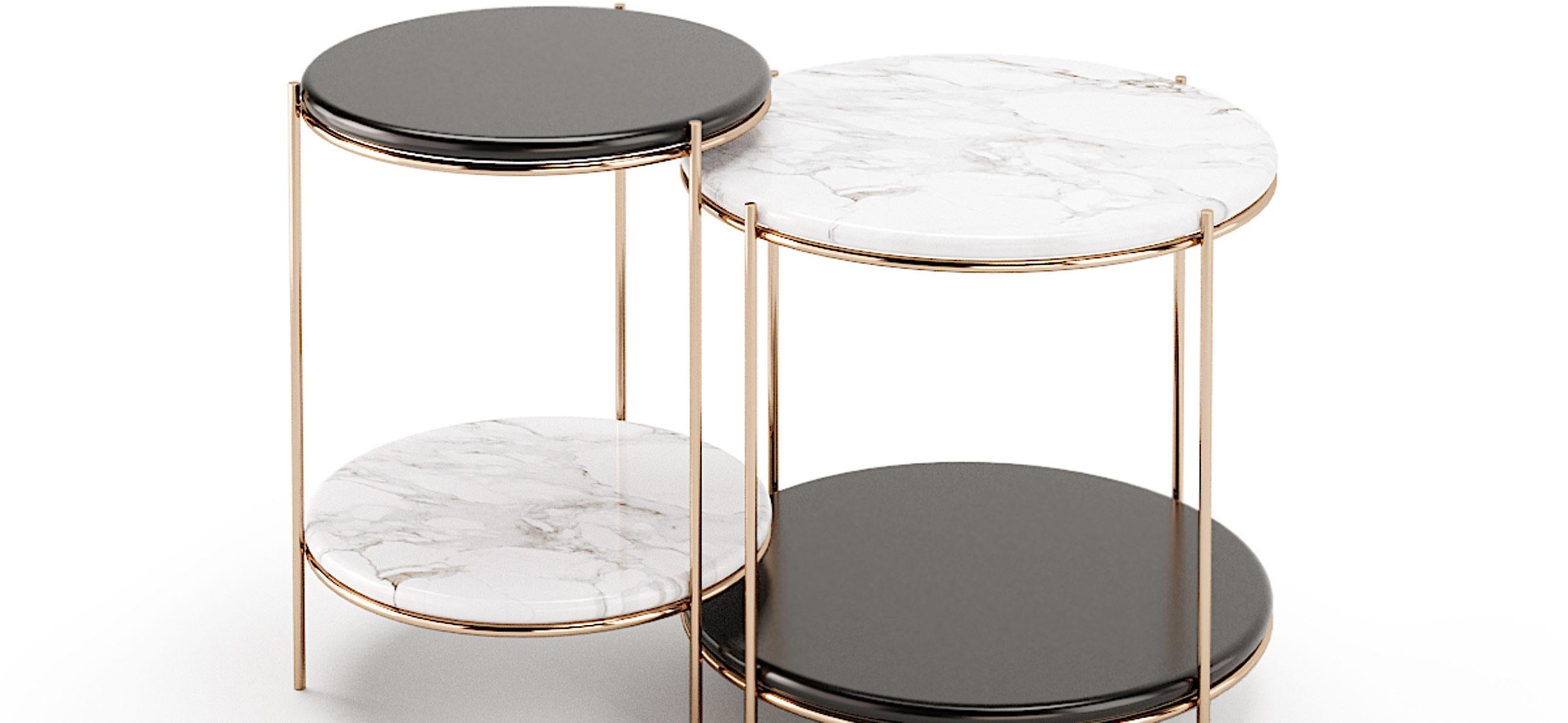 Set of side table, round side table with metal structure and tops in Bianco Carrara marble up top and
Black lacquered down top and cooper stainless steel structure.
Measures: W 49 cm, D 49 cm, H 46 cm
and
W 39 cm, D39 cm, H 51 cm
Production