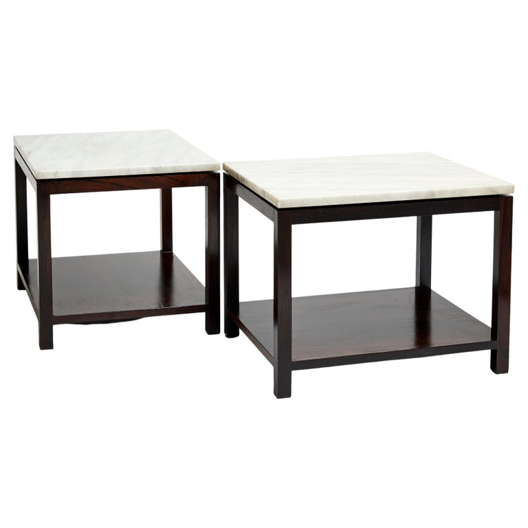 Midcentury Modern Side Table Pair in Hardwood and Marble, circa 1960