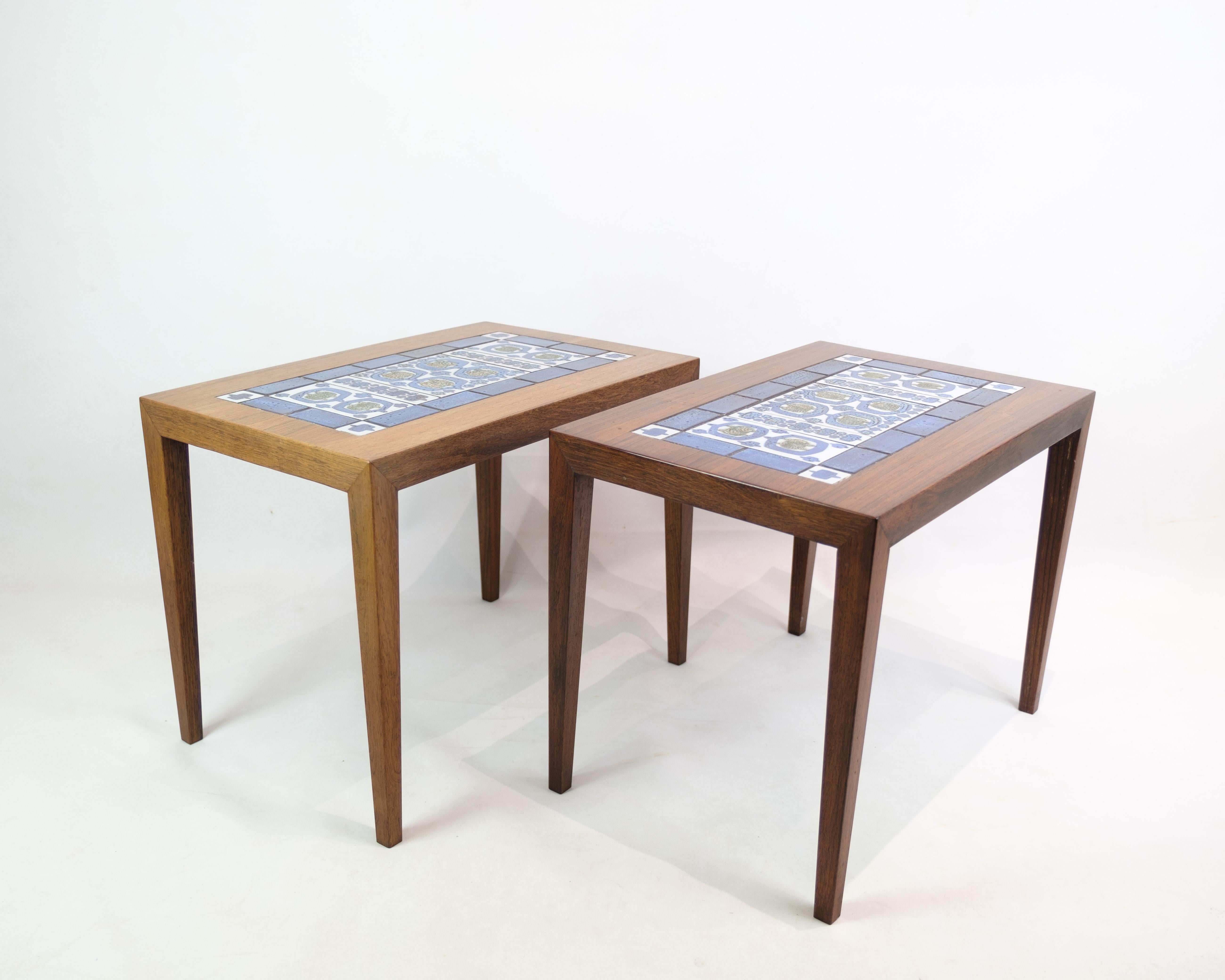 Set of side tables, model 34A, in rosewood designed by Severin Hansen with tiles from the Royal Porcelain Factory, produced around the 1960s. These side tables represent a beautiful combination of quality materials and Danish design heritage. The