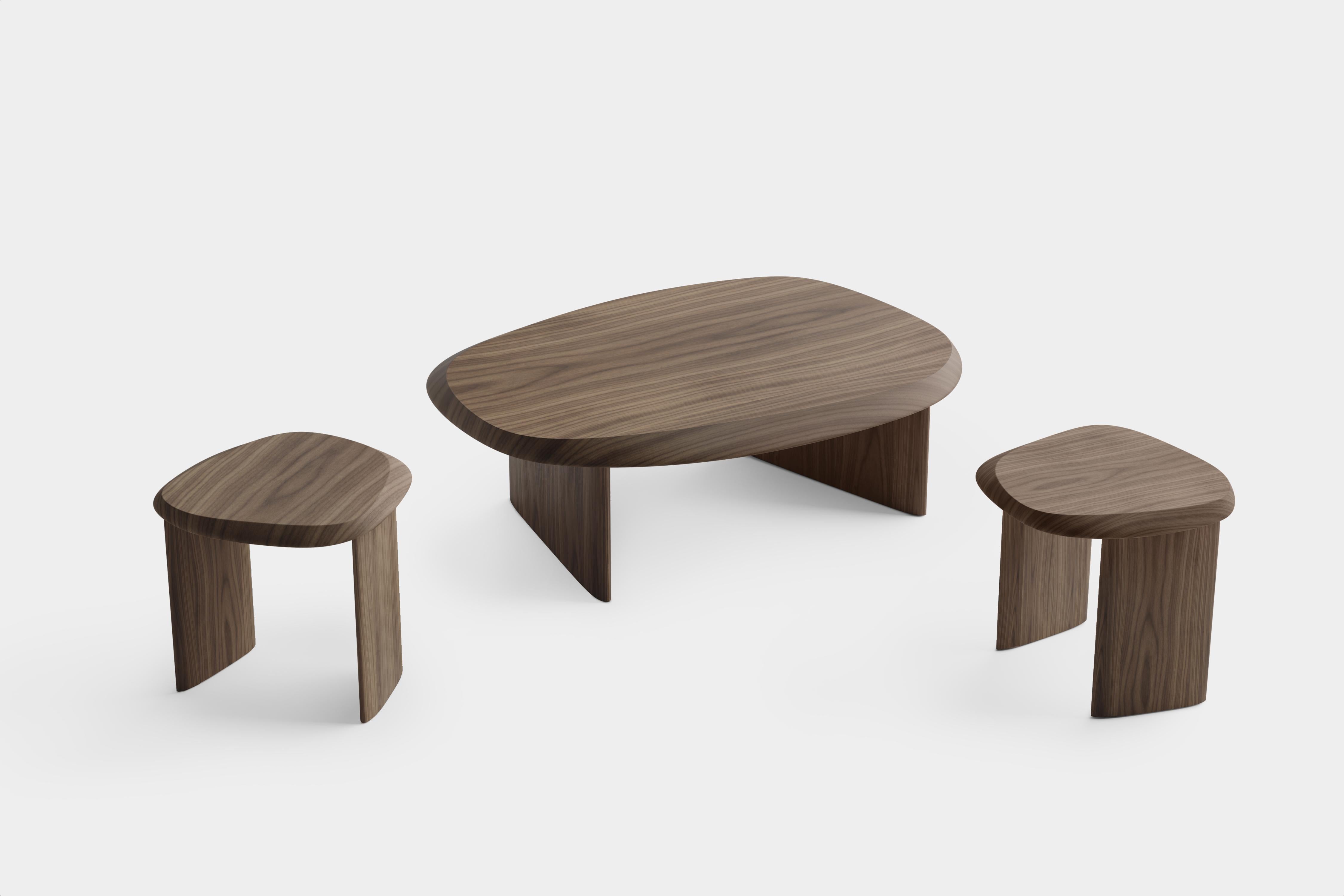 Set of two side tables and a large coffee table from the Duna Collection. Delicately crafted to resemble a serene landscape through its carefully polished table top surface and its fluid smooth poplar wood base. Combination of finishes
