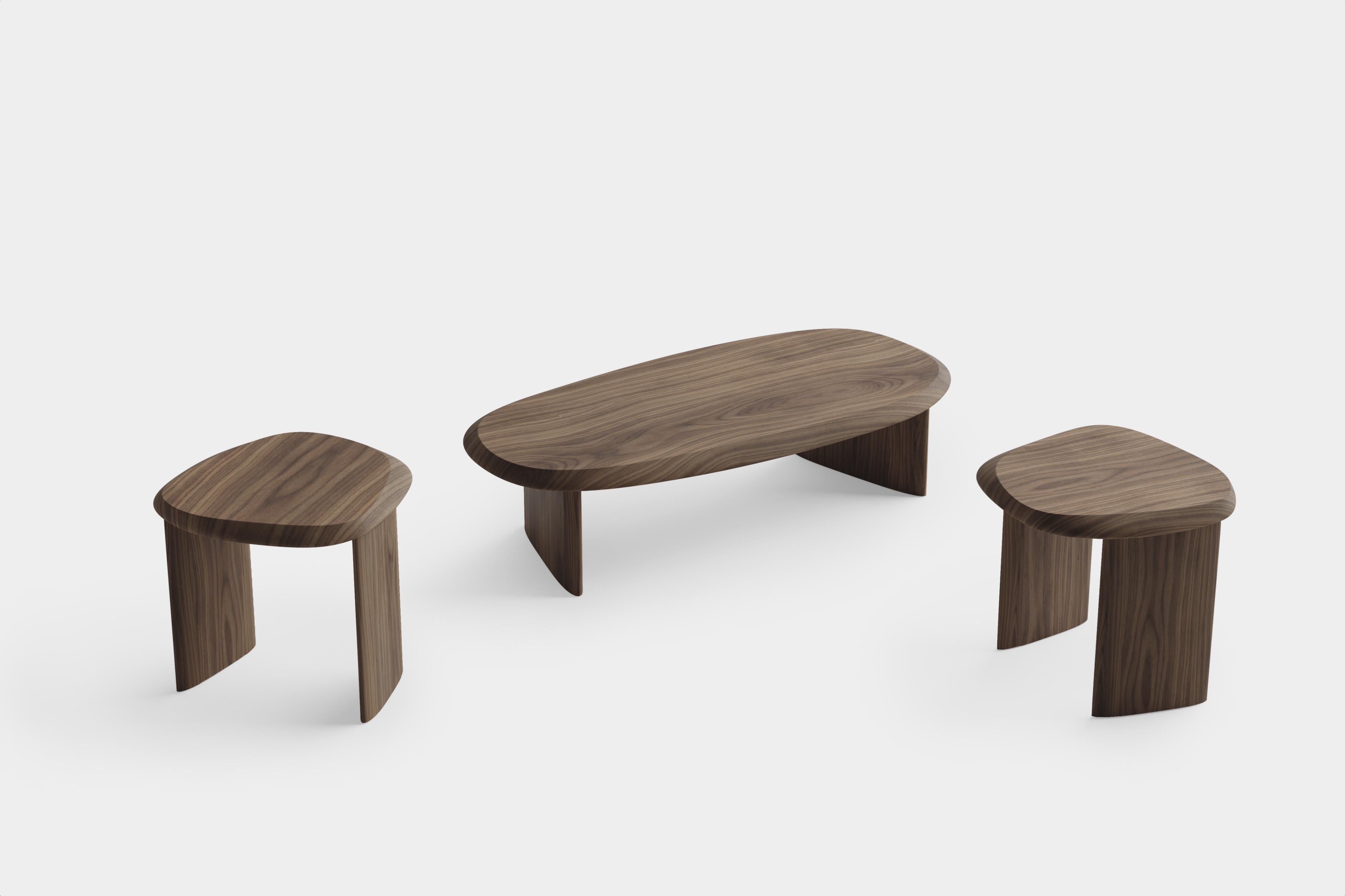 Set of two nest tables from the Duna Collection. Delicately crafted to resemble a serene landscape through its carefully polished table top surface and its fluid smooth walnut wood base. Combination of finishes available.

Its generous measures