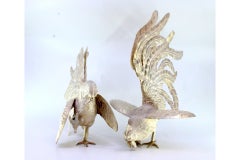 Set of silver fighting roosters with reliefs and applications