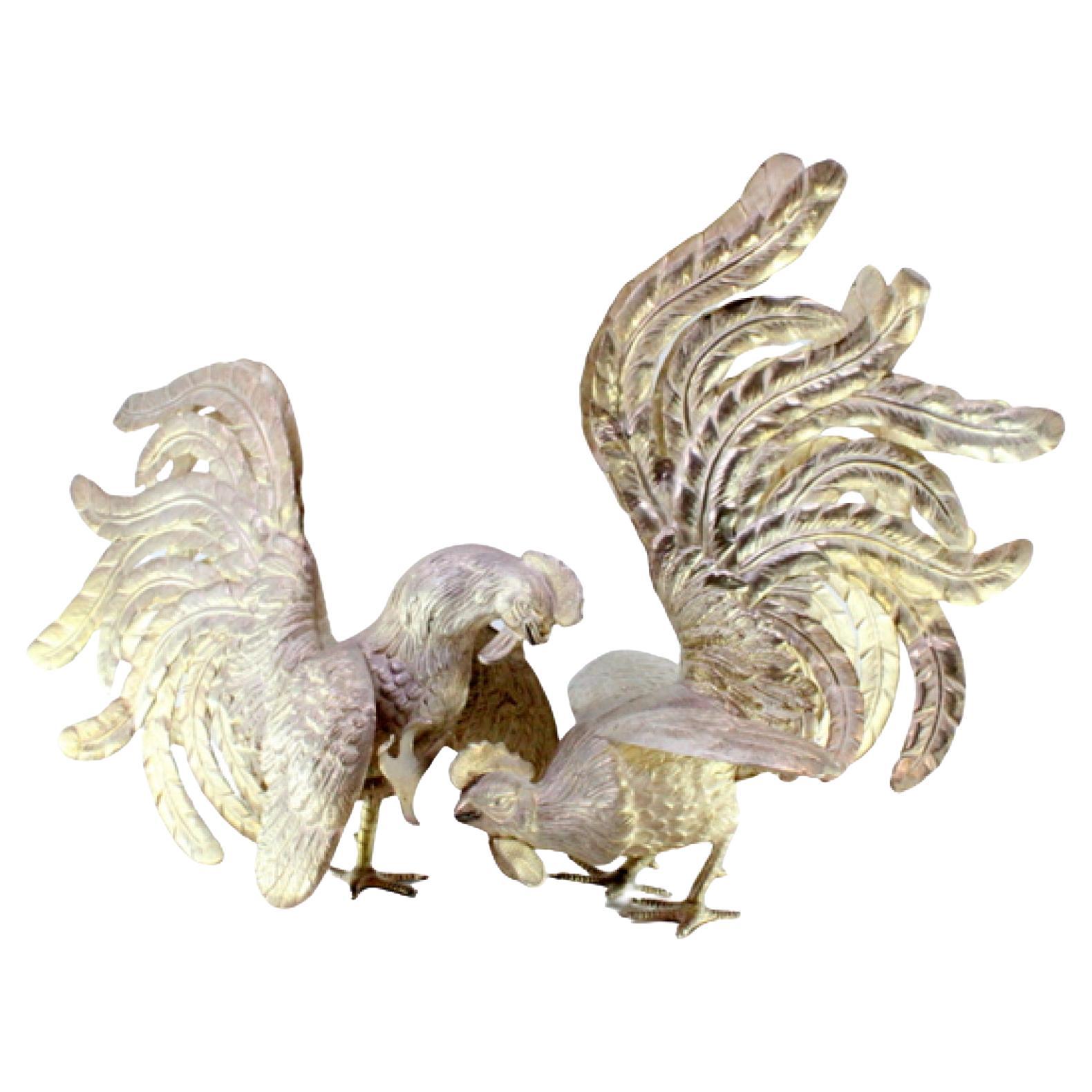 Set of silver fighting roosters with reliefs and applications