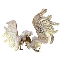 Set of silver fighting roosters with reliefs and applications