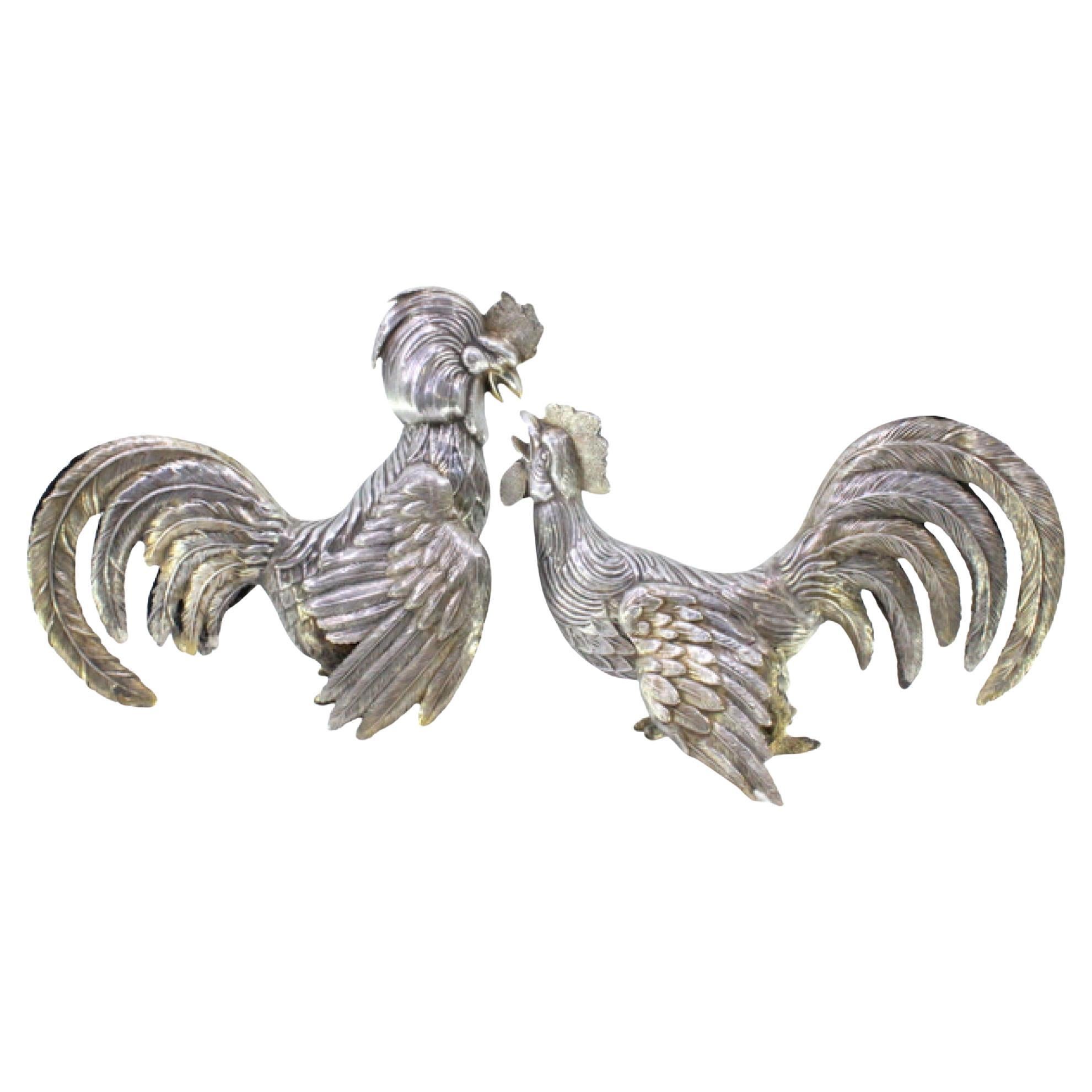 Set of silver fighting roosters with reliefs and applications