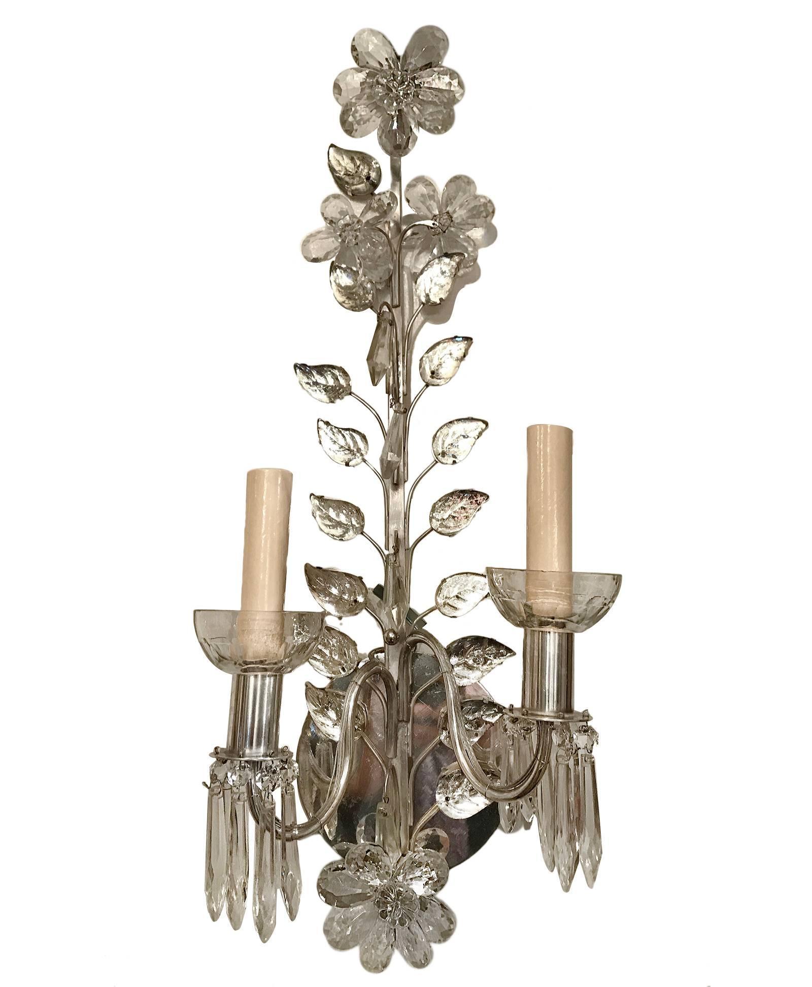 Set of four circa French 1940’s silver plated sconces with smoke-colored glass leaves and crystals flowers. 2 lights each. Sold per pair.

Measurements:
Height: 21.5?
Depth: 4?
Width: 8?.