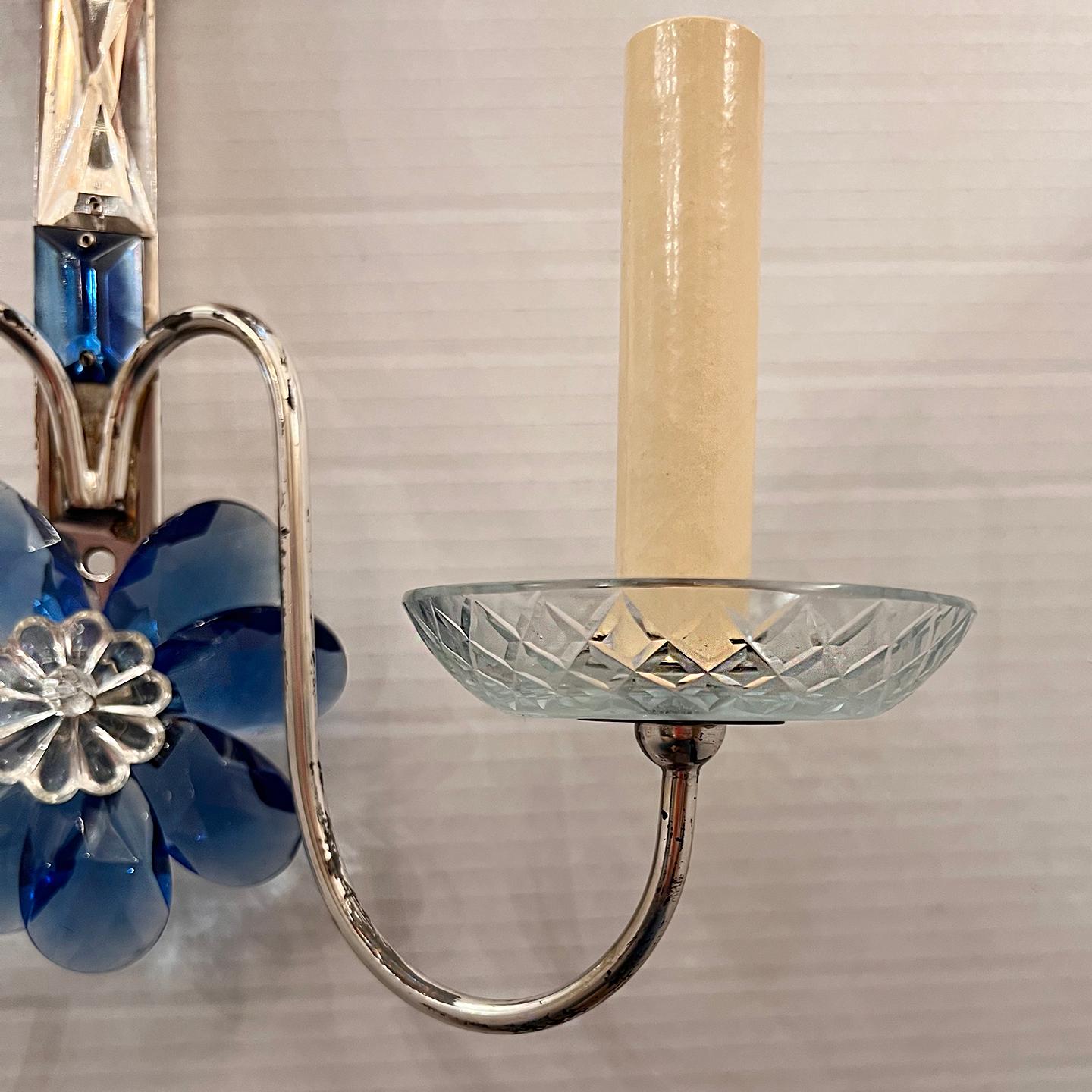 Set of Silver Plated Sconces With Blue Crystals, Sold per Pair In Good Condition For Sale In New York, NY