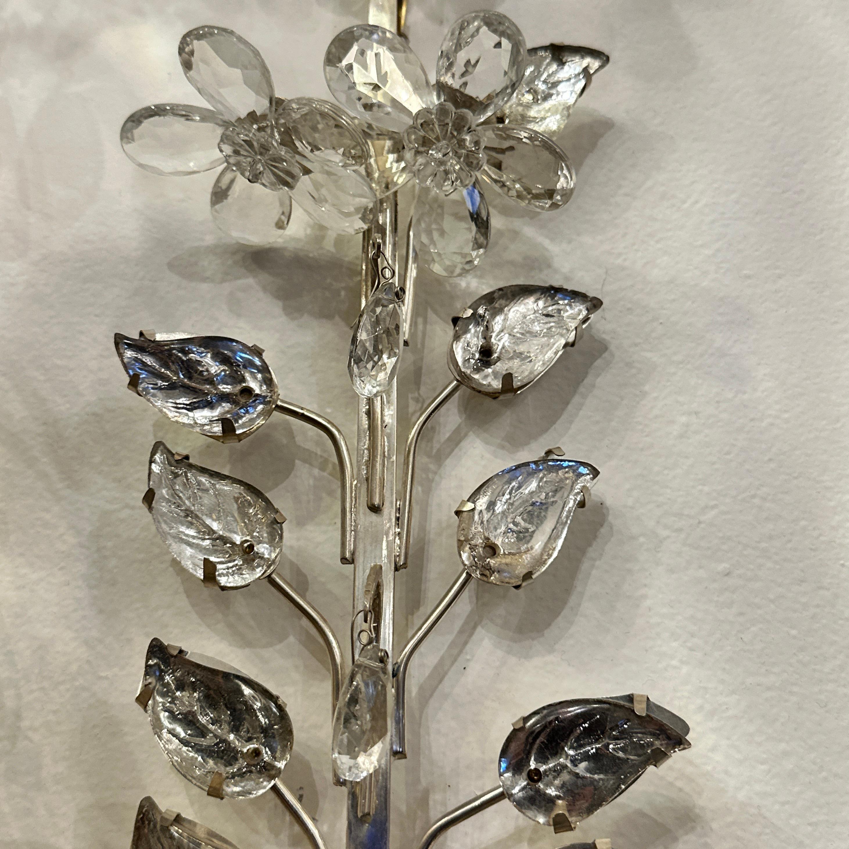 French Set of Silver Plated Sconces with Molded Glass Leaves, Sold Per Pair For Sale
