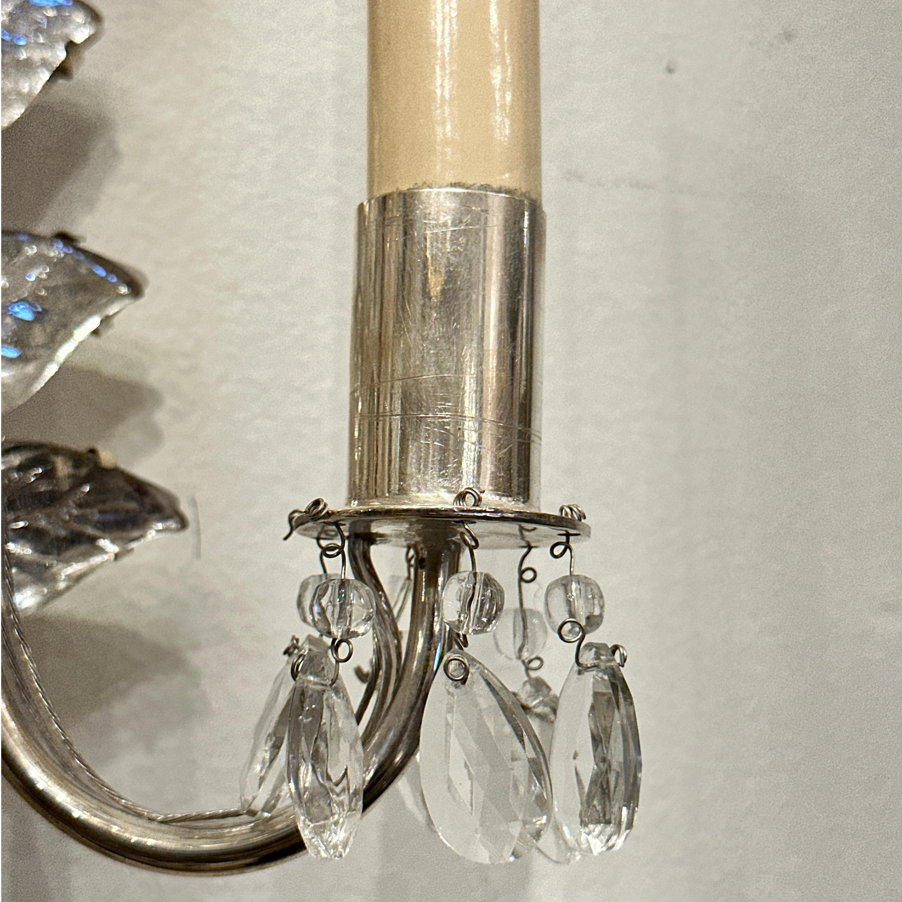 Set of Silver Plated Sconces with Molded Glass Leaves, Sold Per Pair In Good Condition For Sale In New York, NY