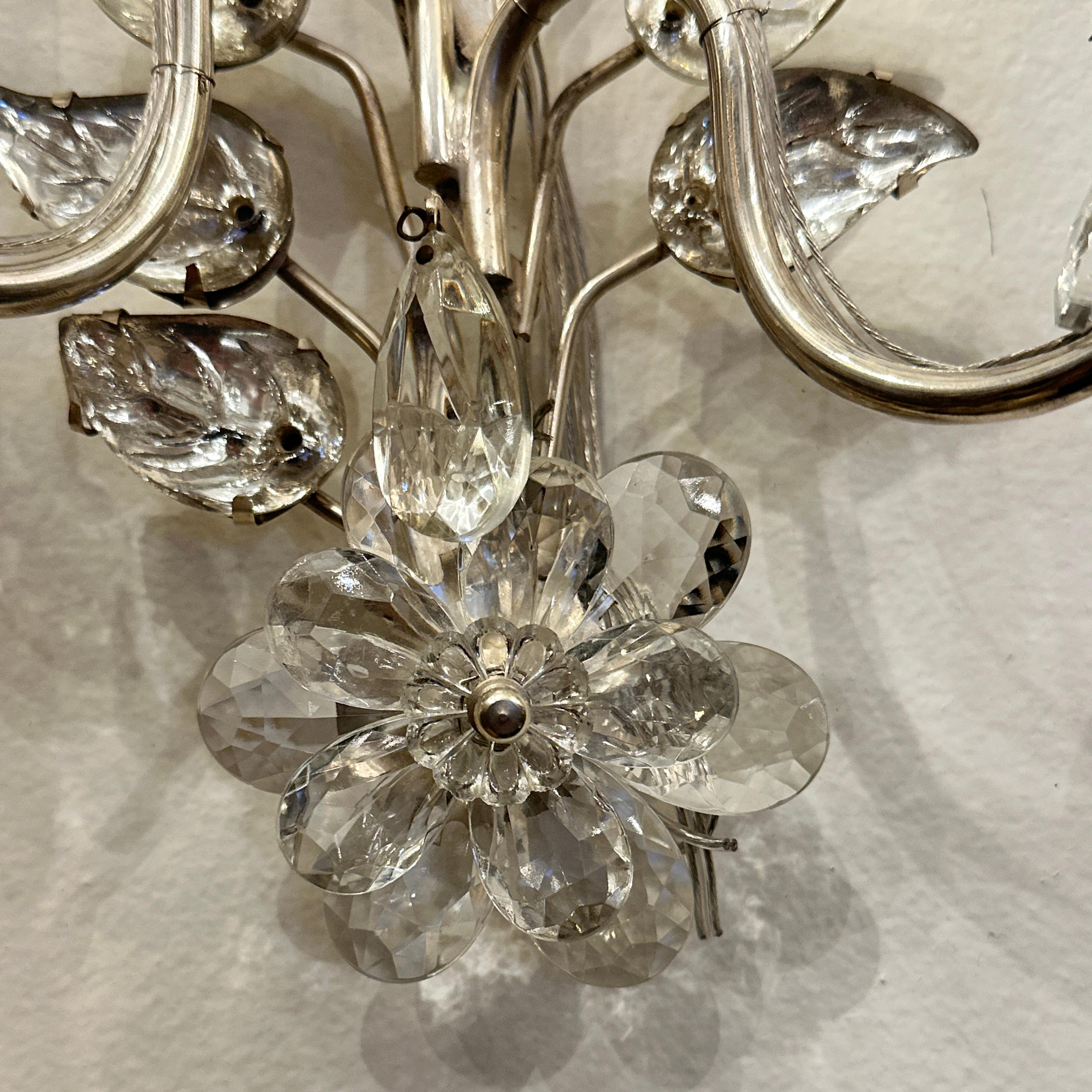 Mid-20th Century Set of Silver Plated Sconces with Molded Glass Leaves, Sold Per Pair For Sale