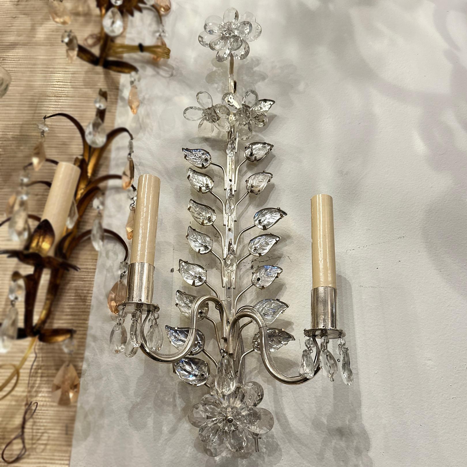 Set of Silver Plated Sconces with Molded Glass Leaves, Sold Per Pair For Sale 1